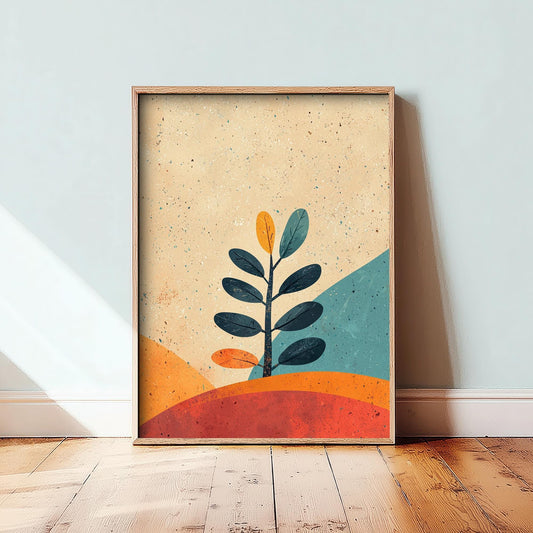 Feral Floral Fern Art Print V1 - Eucalyptus Sprig Retro Landscape Poster - Bold Colourful Woodcut Collage Painting Neutral 3/3