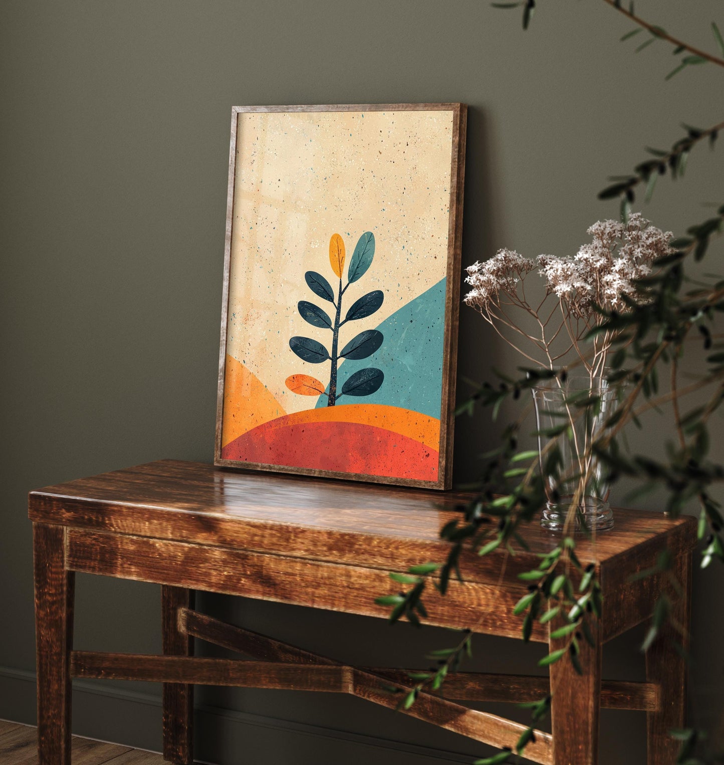 Feral Floral Fern Art Print V1 - Eucalyptus Sprig Retro Landscape Poster - Bold Colourful Woodcut Collage Painting Neutral 3/3