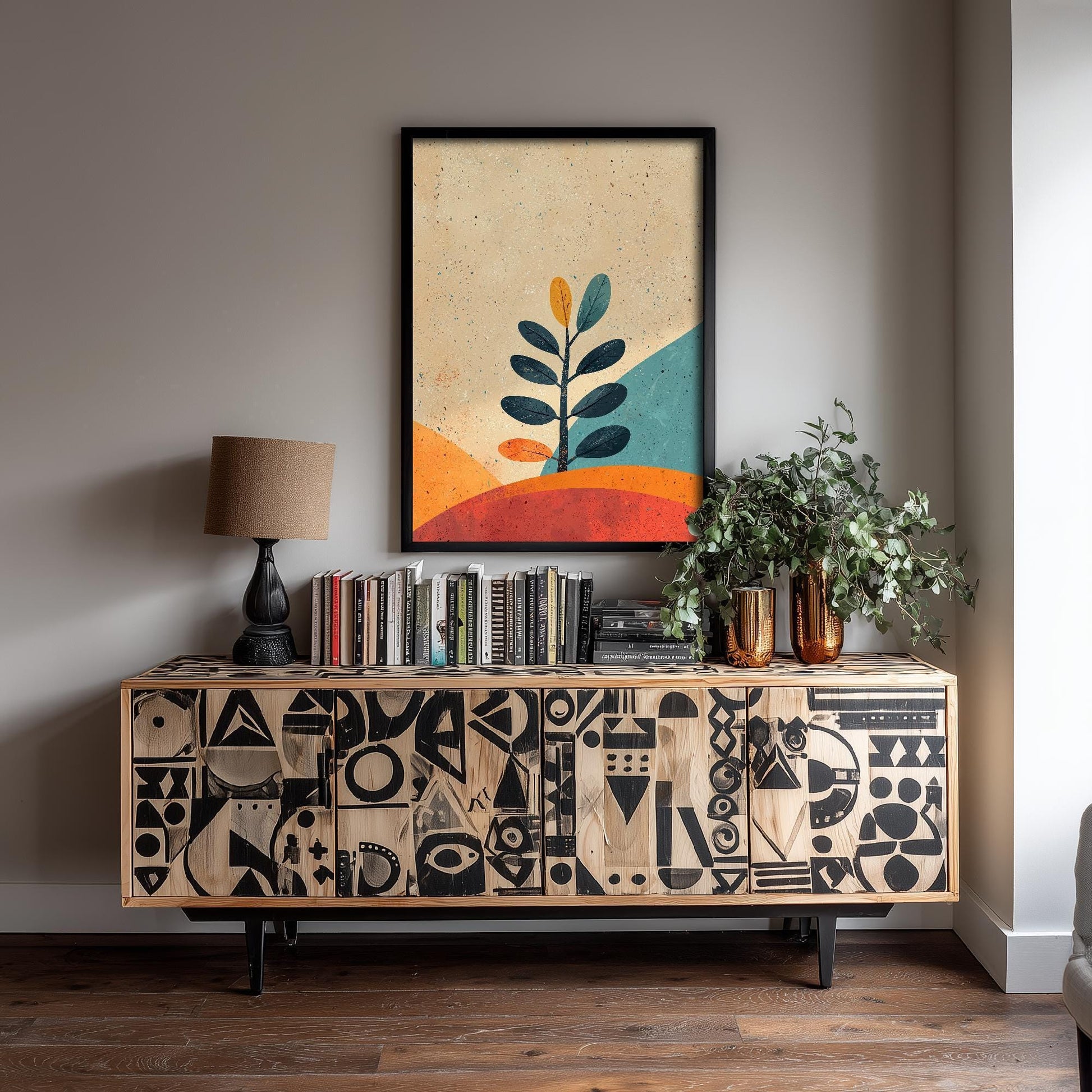 Feral Floral Fern Art Print V1 - Eucalyptus Sprig Retro Landscape Poster - Bold Colourful Woodcut Collage Painting Neutral 3/3