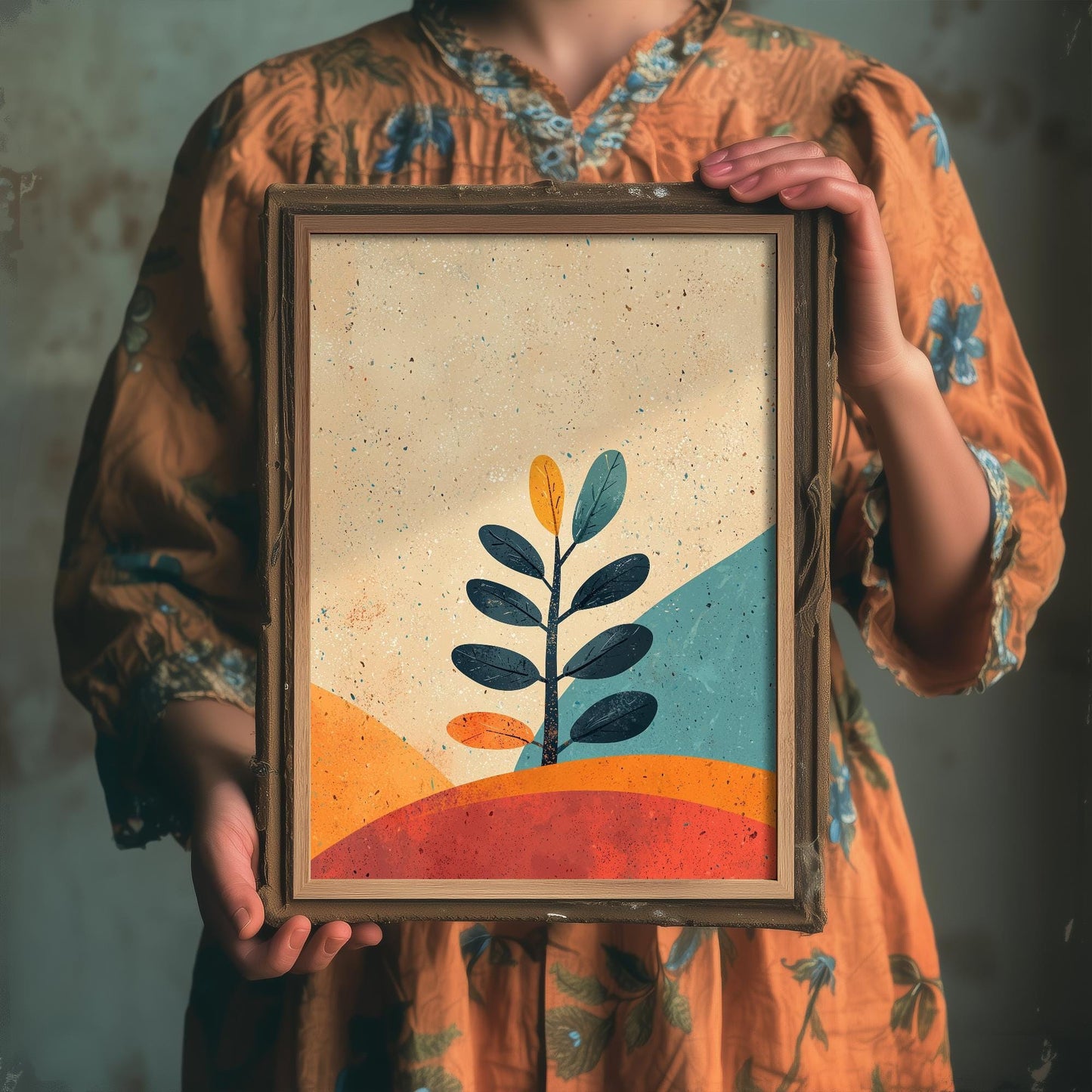 Feral Floral Fern Art Print V1 - Eucalyptus Sprig Retro Landscape Poster - Bold Colourful Woodcut Collage Painting Neutral 3/3
