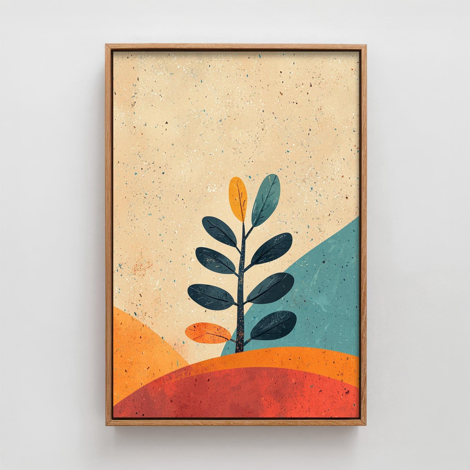 Feral Floral Fern Art Print V1 - Eucalyptus Sprig Retro Landscape Poster - Bold Colourful Woodcut Collage Painting Neutral 3/3