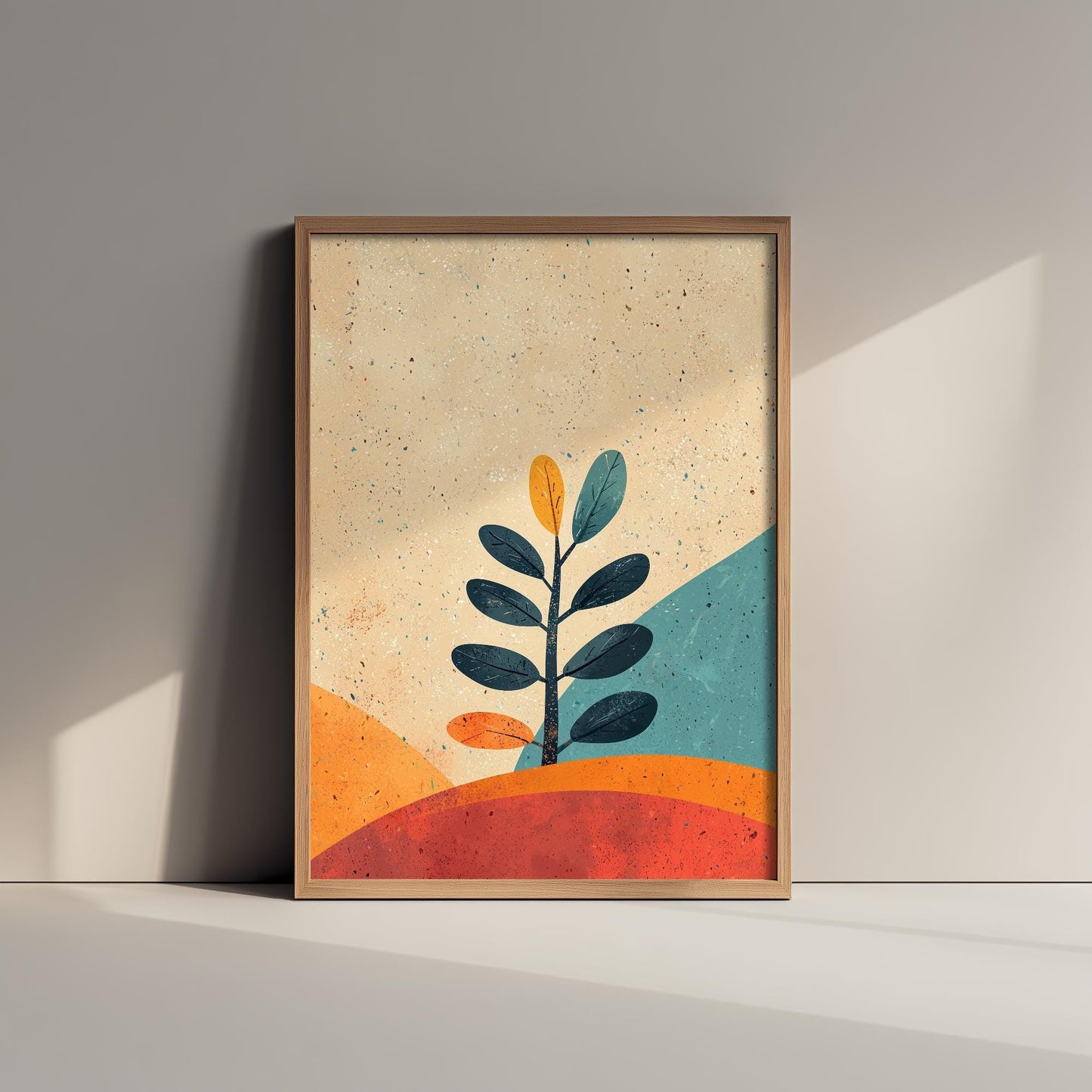Feral Floral Fern Art Print V1 - Eucalyptus Sprig Retro Landscape Poster - Bold Colourful Woodcut Collage Painting Neutral 3/3