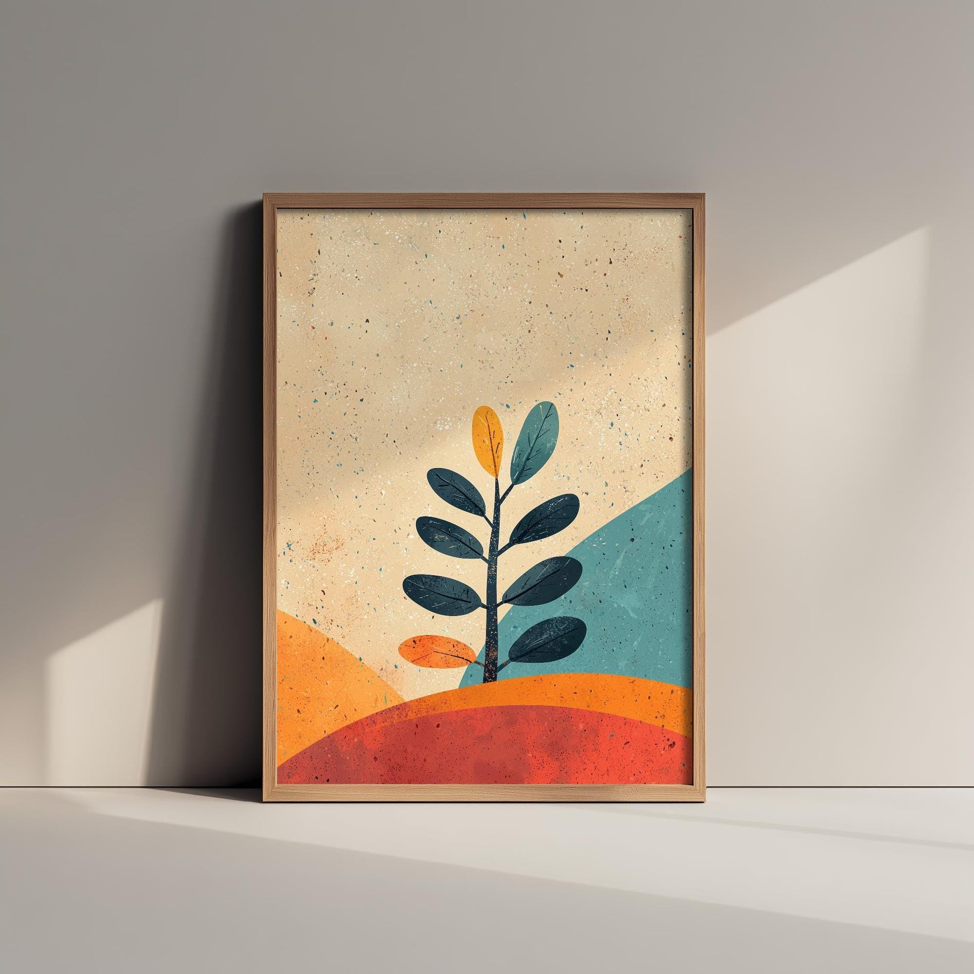 Feral Floral Fern Art Print V1 - Eucalyptus Sprig Retro Landscape Poster - Bold Colourful Woodcut Collage Painting Neutral 3/3