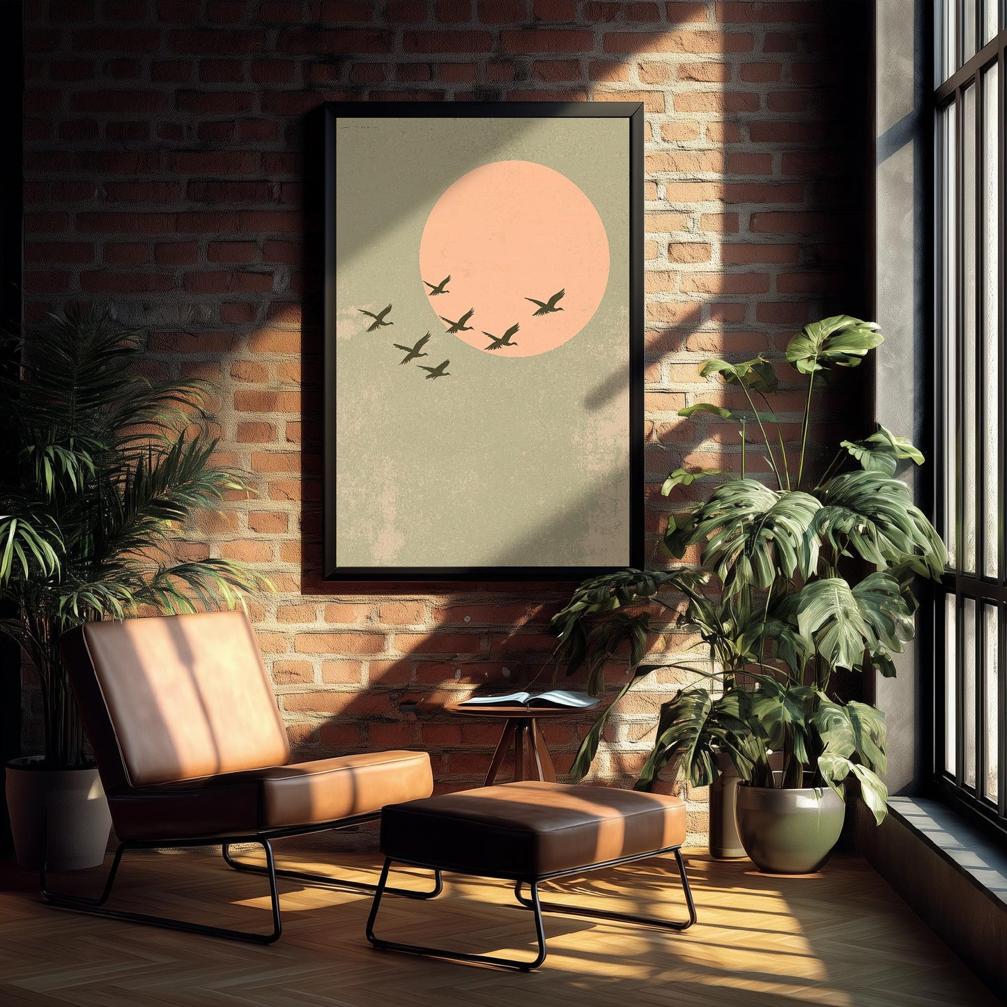 Birds in Sky with Large Moon Art Print | Pink Moon Cranes in Flight Poster | Japanese Ukiyo-e Inspired Painting Wall Decor 2/3