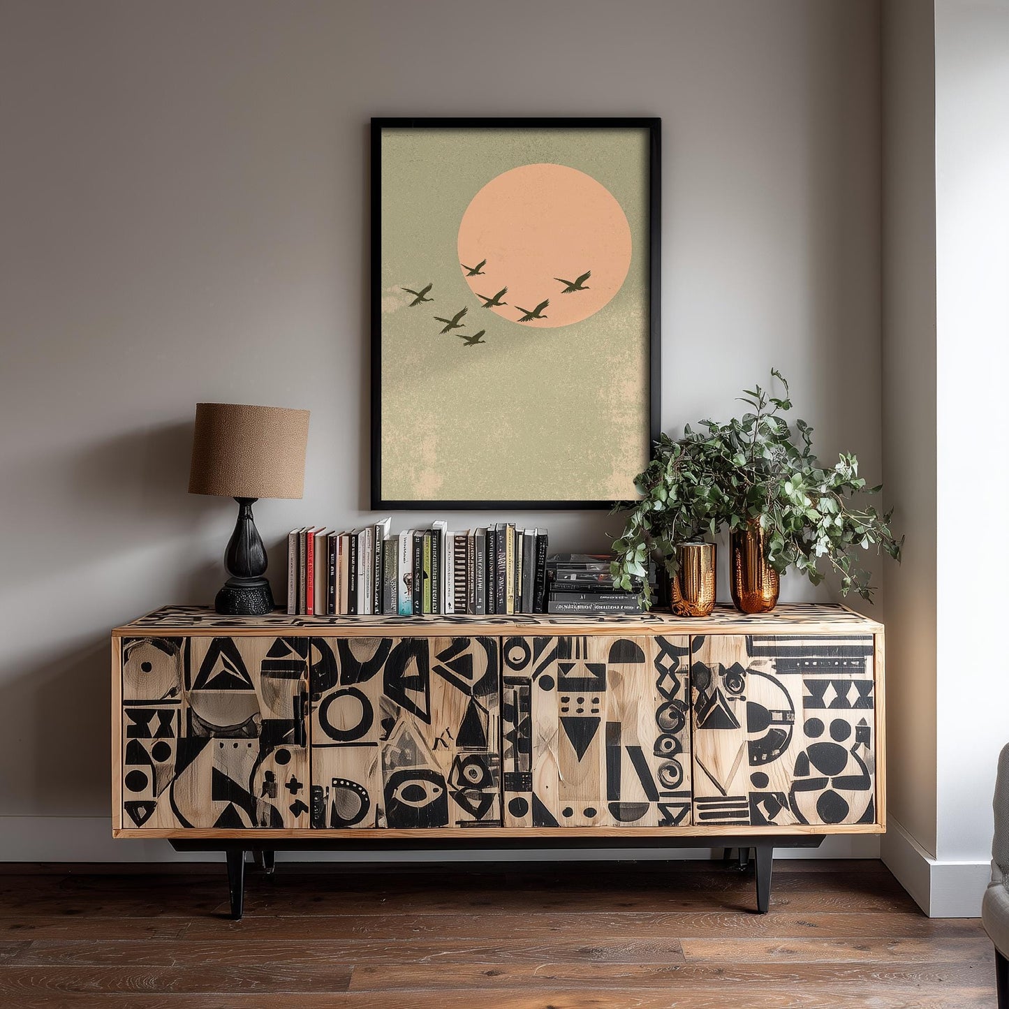 Birds in Sky with Large Moon Art Print | Pink Moon Cranes in Flight Poster | Japanese Ukiyo-e Inspired Painting Wall Decor 2/3