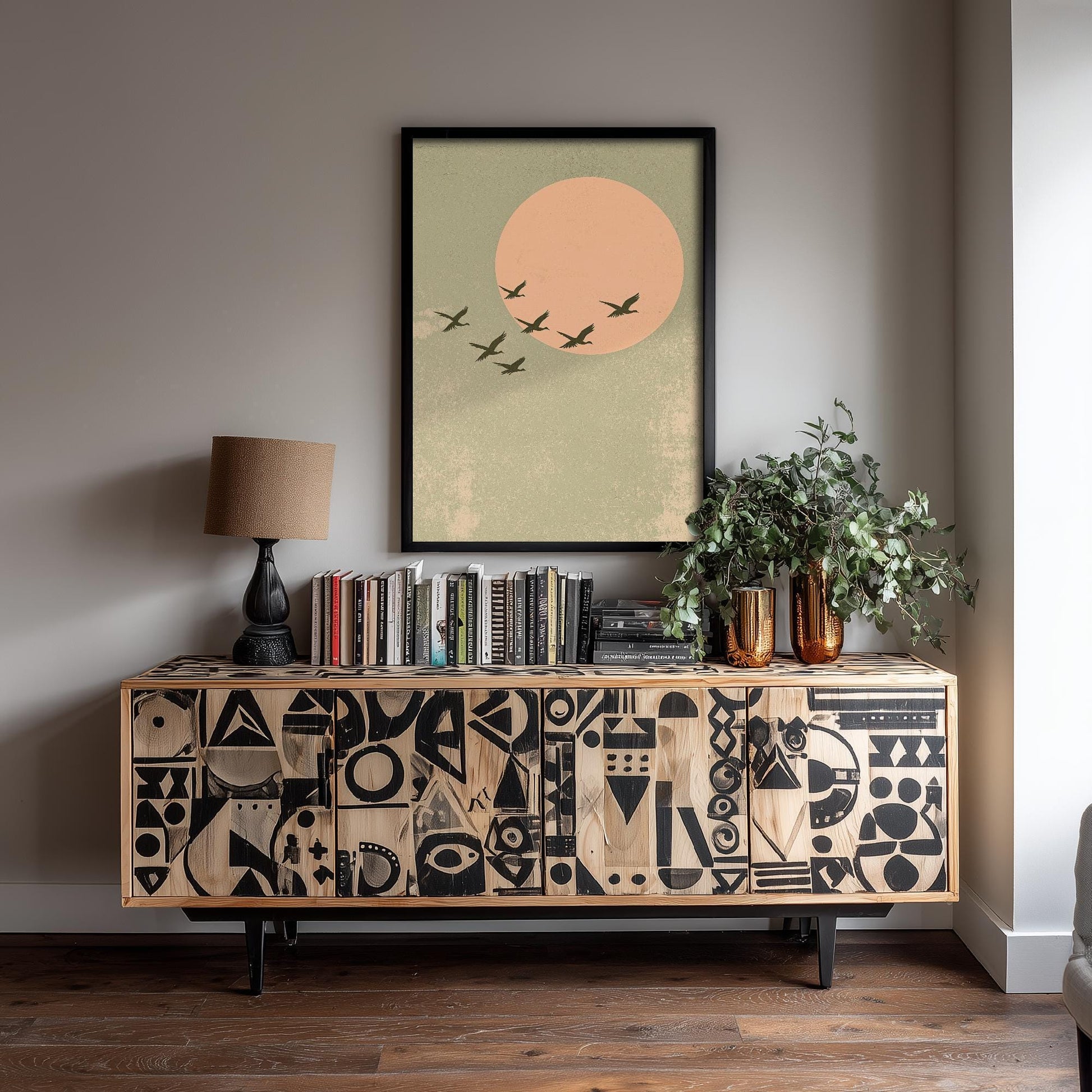 Birds in Sky with Large Moon Art Print | Pink Moon Cranes in Flight Poster | Japanese Ukiyo-e Inspired Painting Wall Decor 2/3