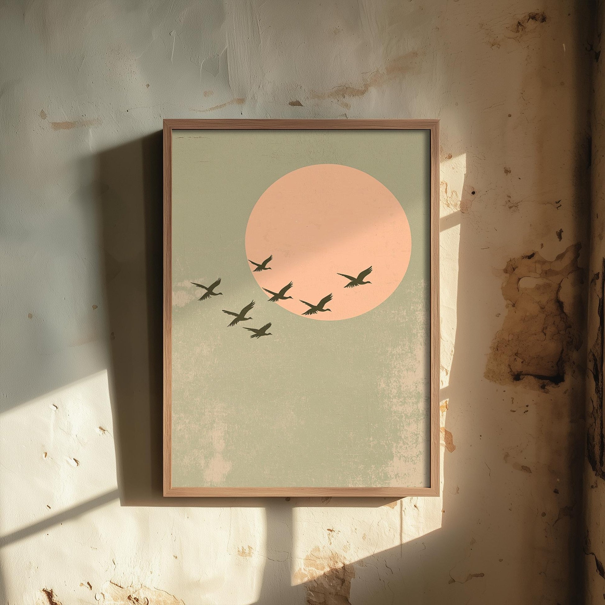Birds in Sky with Large Moon Art Print | Pink Moon Cranes in Flight Poster | Japanese Ukiyo-e Inspired Painting Wall Decor 2/3