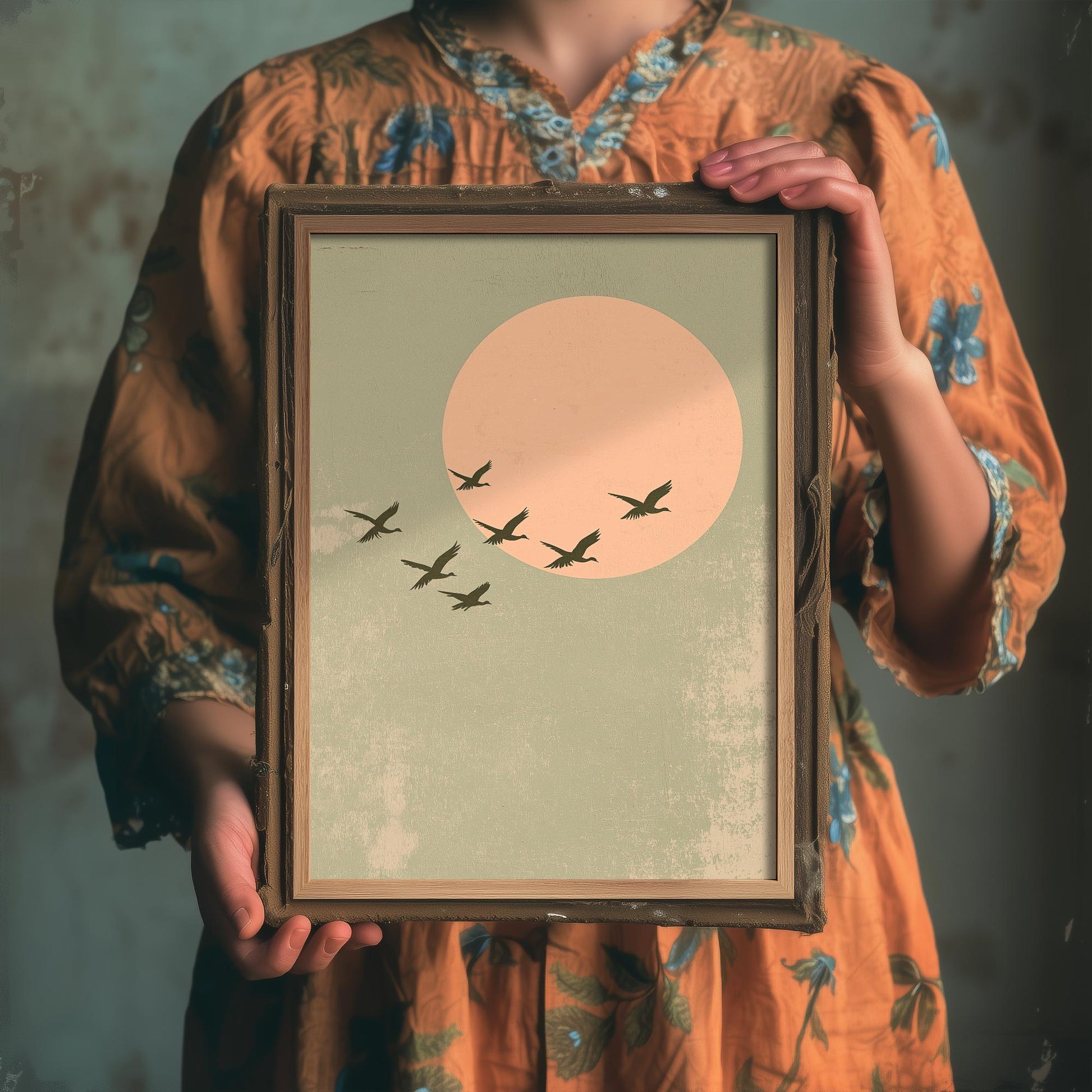 Birds in Sky with Large Moon Art Print | Pink Moon Cranes in Flight Poster | Japanese Ukiyo-e Inspired Painting Wall Decor 2/3