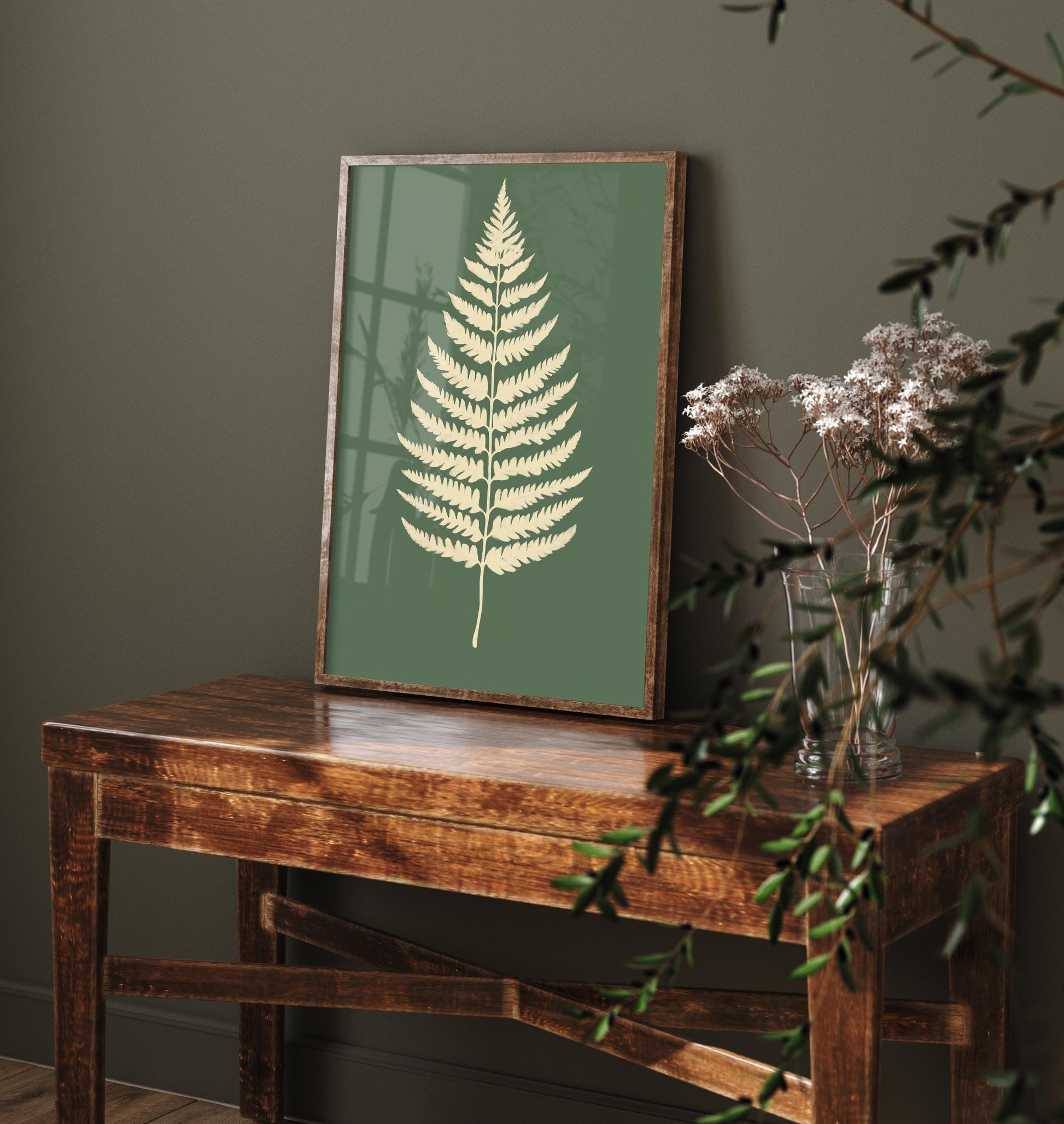 Feral Floral Fern Art Print V3 - Cream Fern Sage Green Poster - Bold Colourful Woodcut Collage Painting Nature Japandi Neutral 3/3