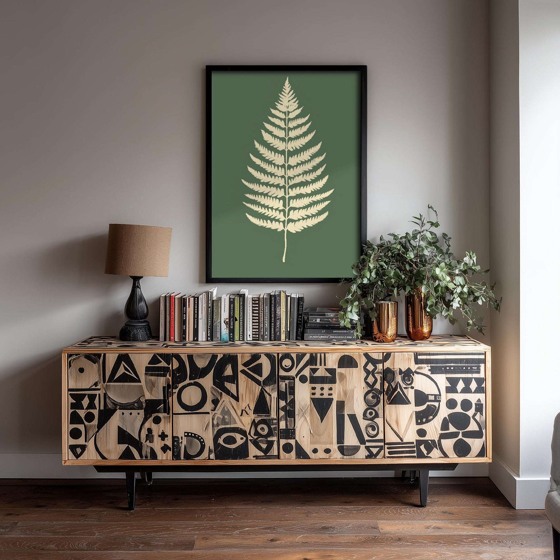 Feral Floral Fern Art Print V3 - Cream Fern Sage Green Poster - Bold Colourful Woodcut Collage Painting Nature Japandi Neutral 3/3