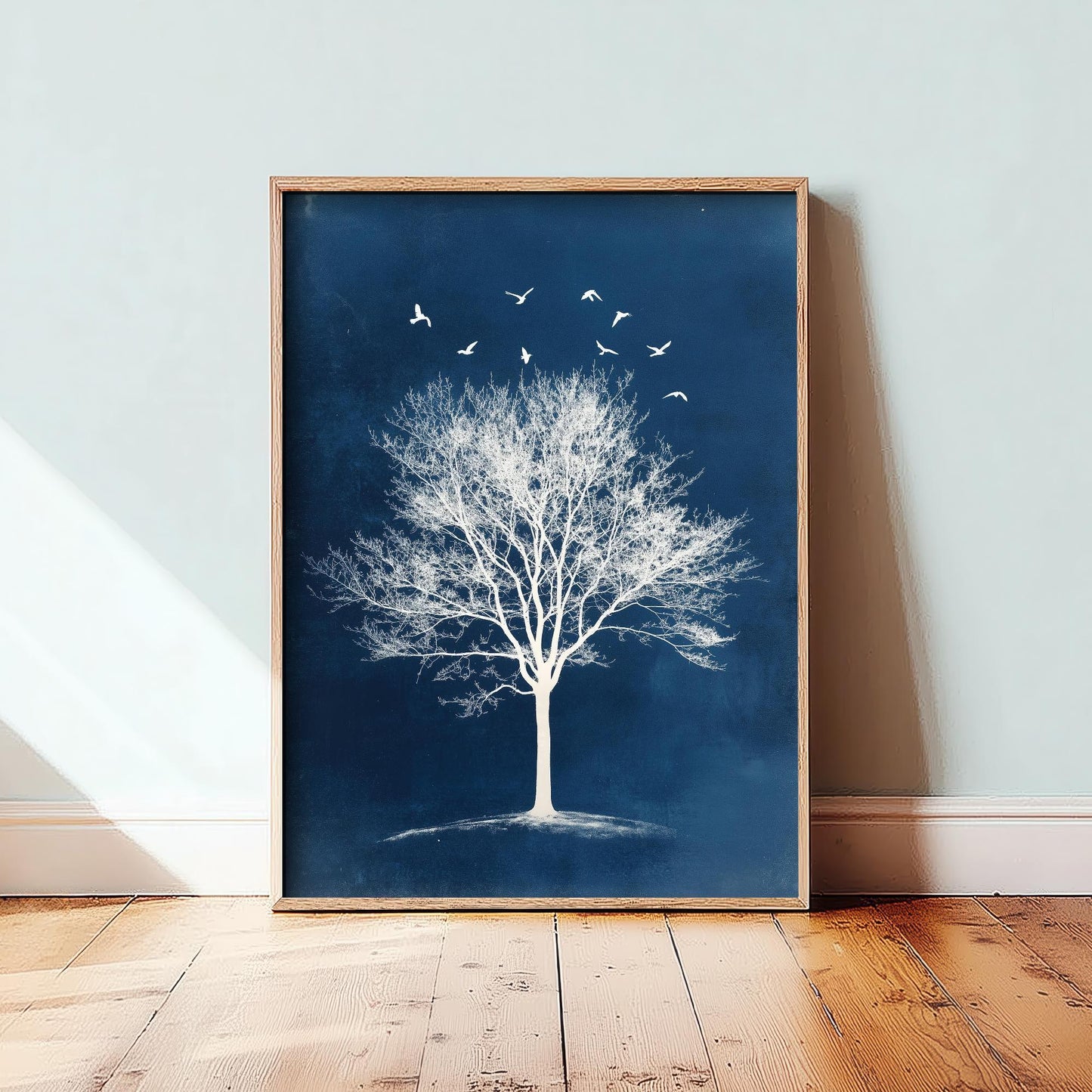 Teal Night Tree Print | Birds in Flight Bare Tree Art Print | Navy Blue Night Nature Painting | Celestial Winter Wall Poster V2 2/3