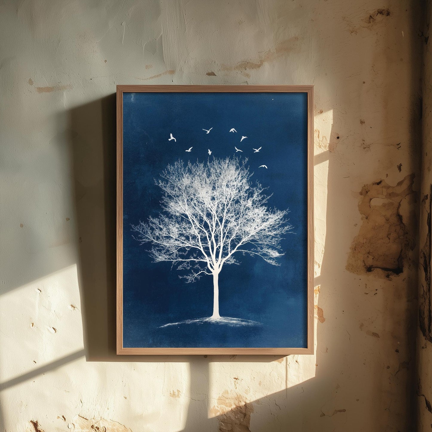 Teal Night Tree Print | Birds in Flight Bare Tree Art Print | Navy Blue Night Nature Painting | Celestial Winter Wall Poster V2 2/3