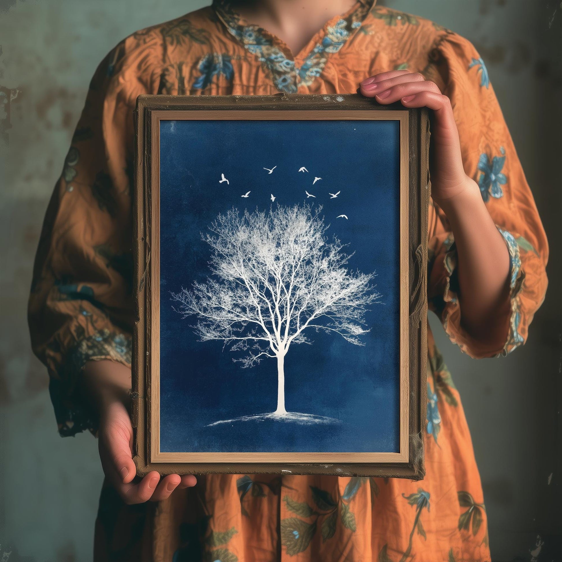 Teal Night Tree Print | Birds in Flight Bare Tree Art Print | Navy Blue Night Nature Painting | Celestial Winter Wall Poster V2 2/3