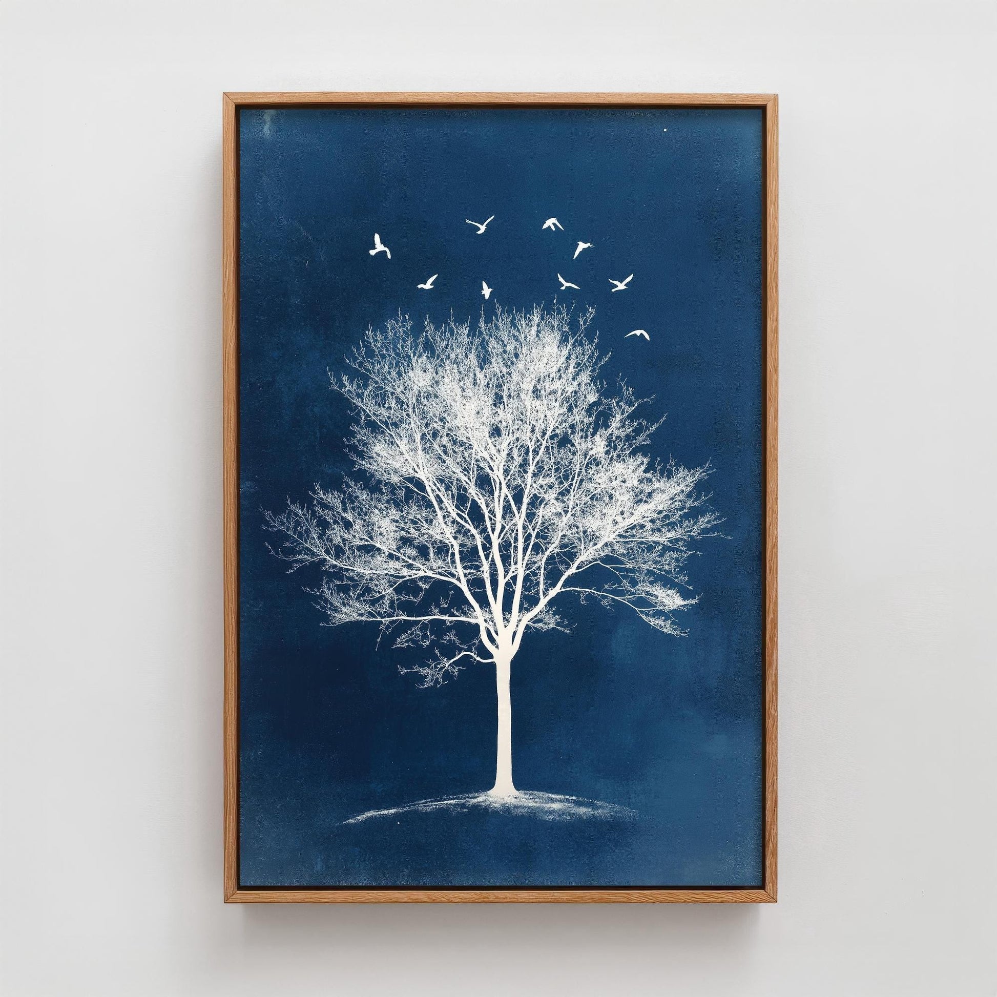 Teal Night Tree Print | Birds in Flight Bare Tree Art Print | Navy Blue Night Nature Painting | Celestial Winter Wall Poster V2 2/3