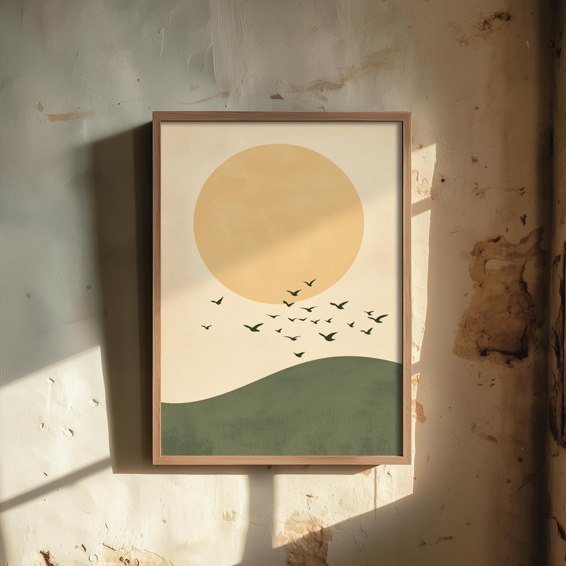 Birds in Sky with Large Moon Art Print | Golden Moon Bird Flock Poster | Japanese Ukiyo-e Inspired Painting Wall Decor 3/3