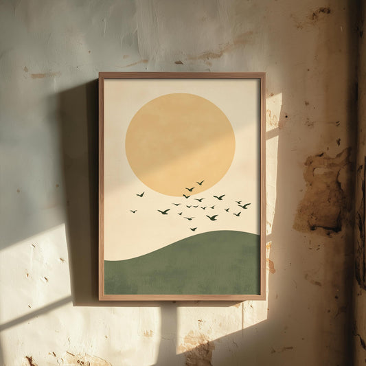 Birds in Sky with Large Moon Art Print | Golden Moon Bird Flock Poster | Japanese Ukiyo-e Inspired Painting Wall Decor 3/3