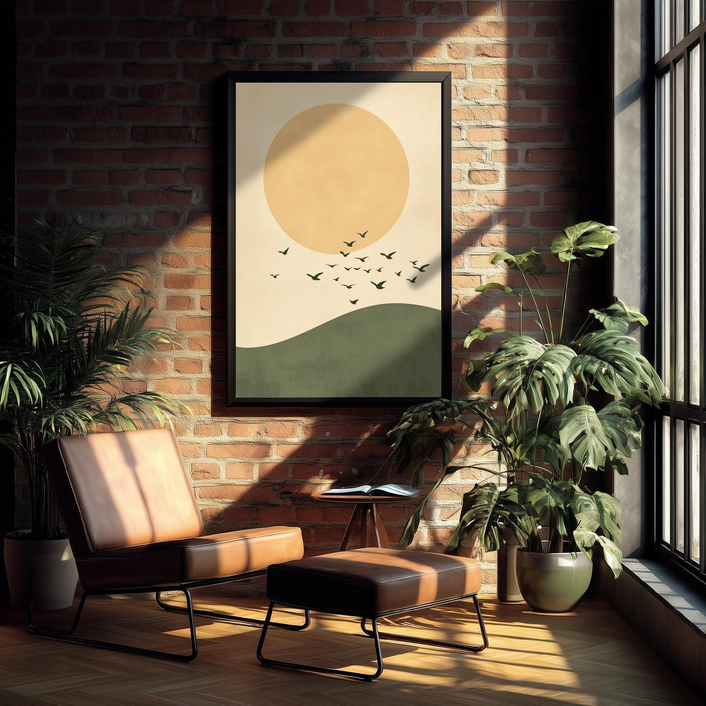 Birds in Sky with Large Moon Art Print | Golden Moon Bird Flock Poster | Japanese Ukiyo-e Inspired Painting Wall Decor 3/3