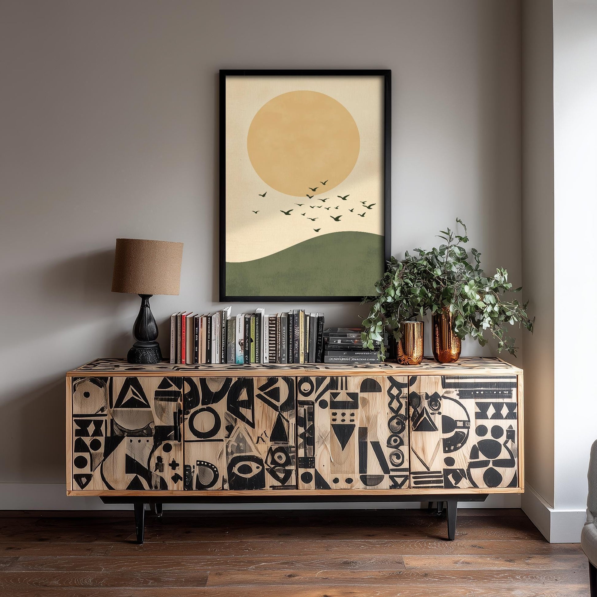 Birds in Sky with Large Moon Art Print | Golden Moon Bird Flock Poster | Japanese Ukiyo-e Inspired Painting Wall Decor 3/3