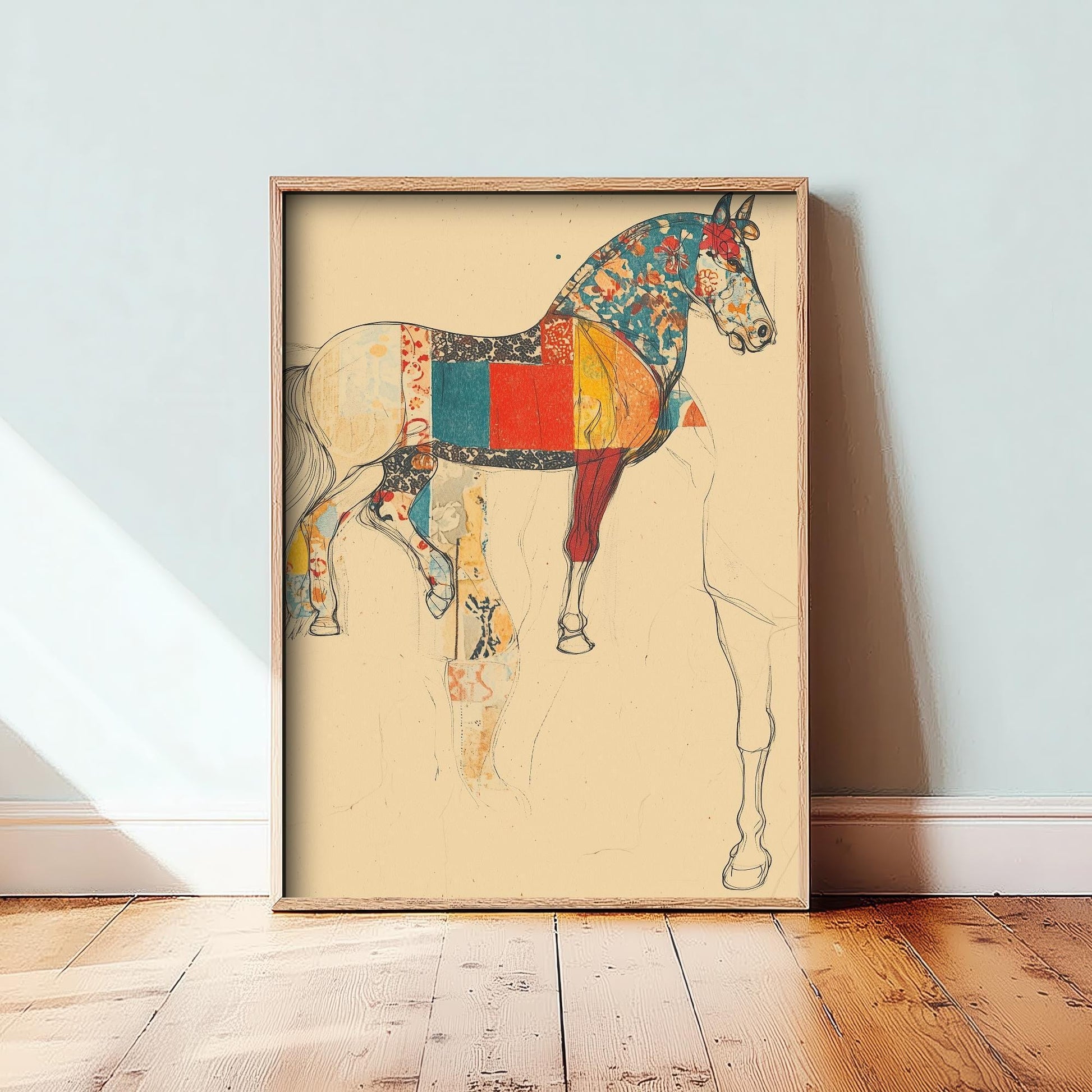 Feral Floral Horse Art Print V1 - Patchwork Sketch Standing Horse Poster - Bold Colourful Woodcut Collage Painting Animals Gift 1/3