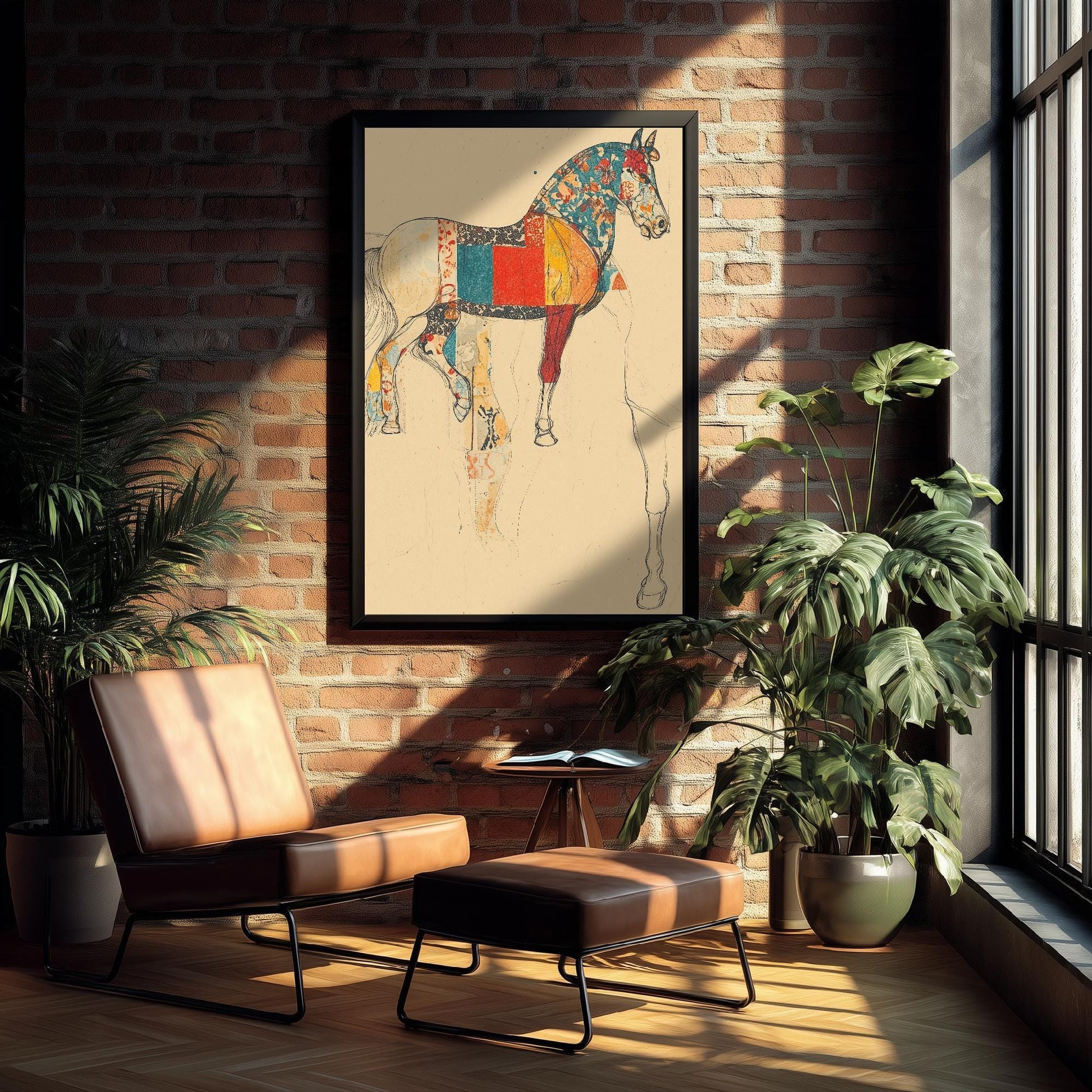 Feral Floral Horse Art Print V1 - Patchwork Sketch Standing Horse Poster - Bold Colourful Woodcut Collage Painting Animals Gift 1/3