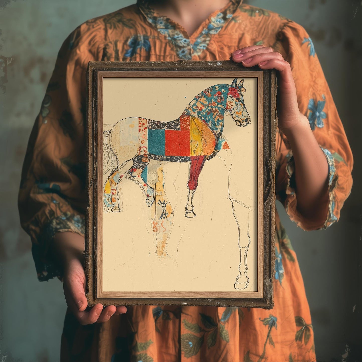 Feral Floral Horse Art Print V1 - Patchwork Sketch Standing Horse Poster - Bold Colourful Woodcut Collage Painting Animals Gift 1/3