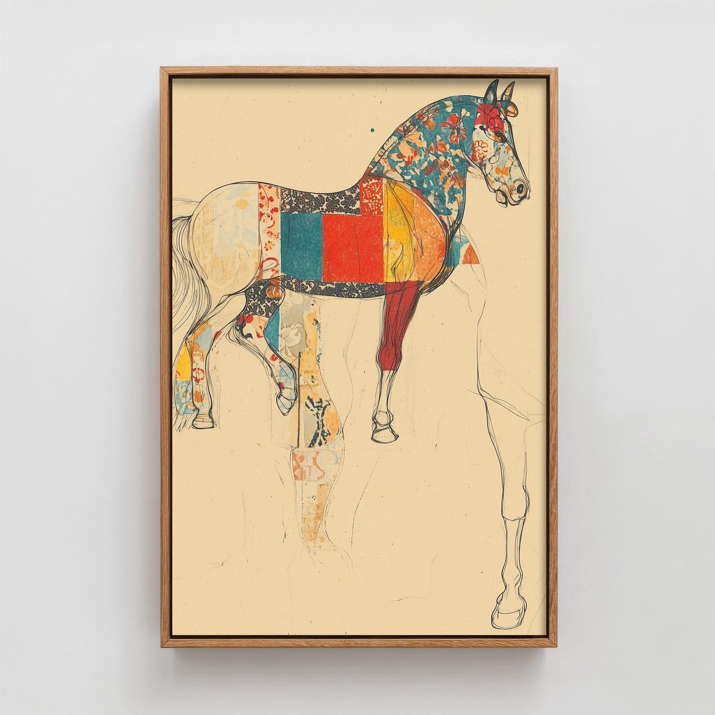 Feral Floral Horse Art Print V1 - Patchwork Sketch Standing Horse Poster - Bold Colourful Woodcut Collage Painting Animals Gift 1/3