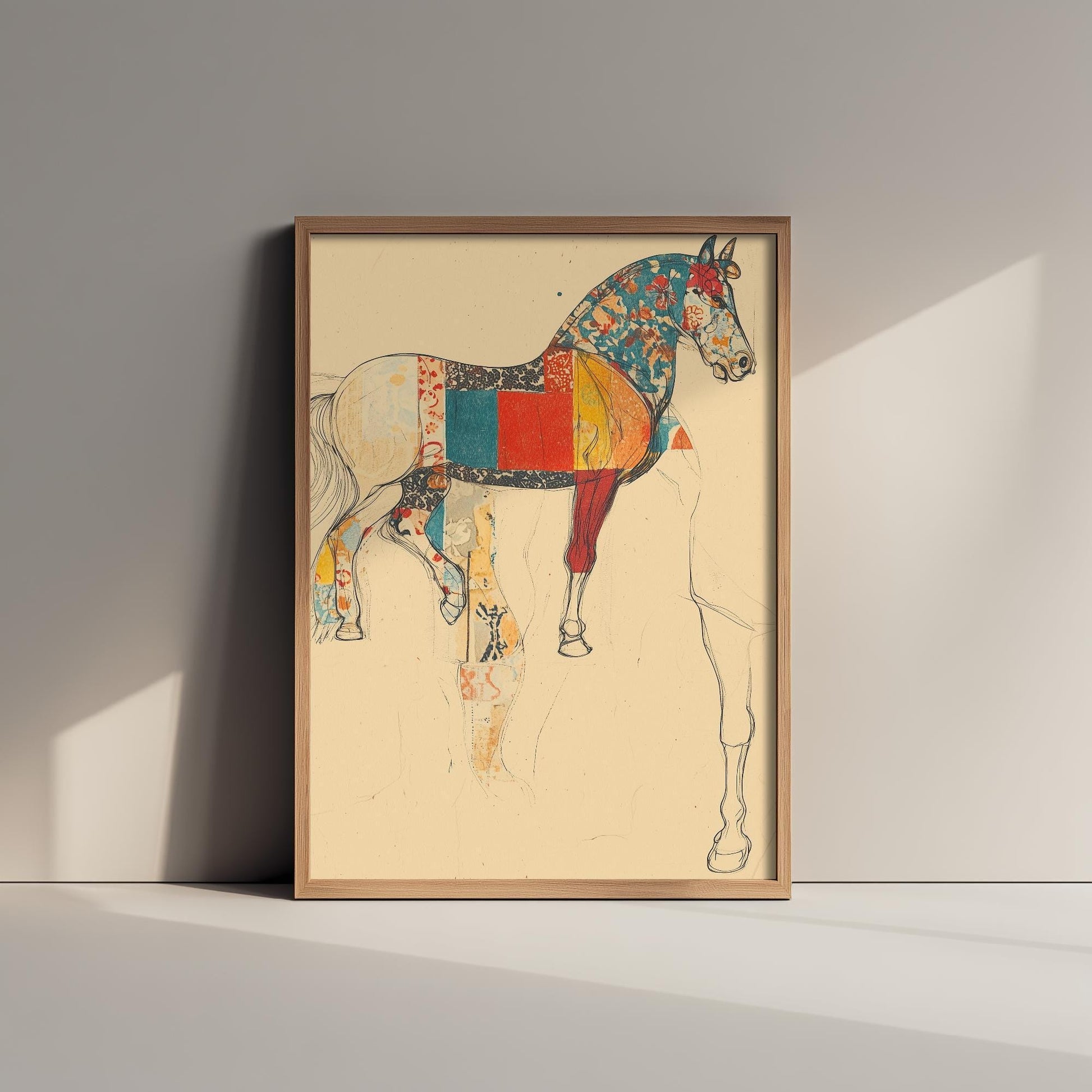 Feral Floral Horse Art Print V1 - Patchwork Sketch Standing Horse Poster - Bold Colourful Woodcut Collage Painting Animals Gift 1/3