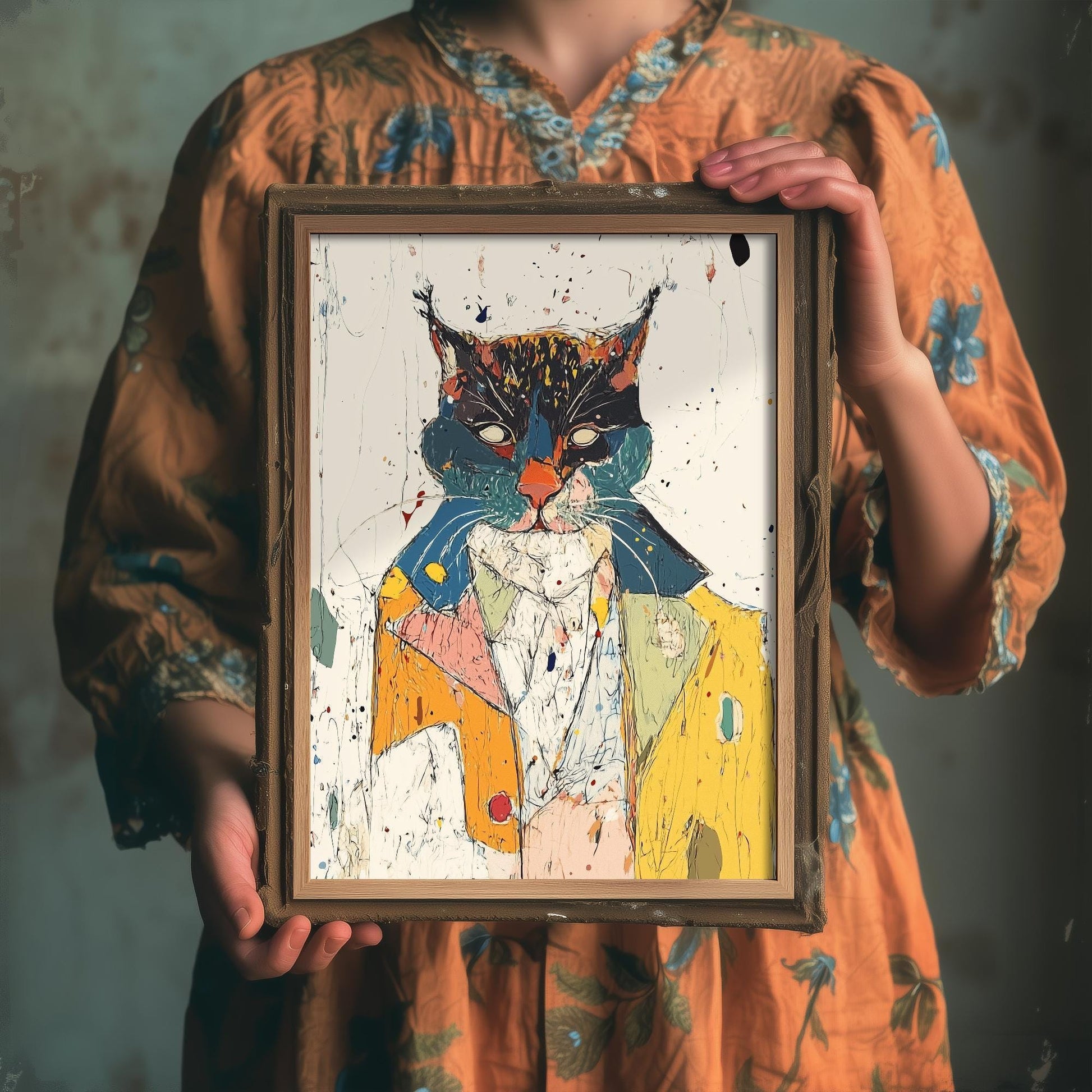 Feral Floral Cat Art Print - Suited Cat in Yellow Jacket Poster - Bold Colourful Woodcut Collage Painting Animals in Clothes Gift