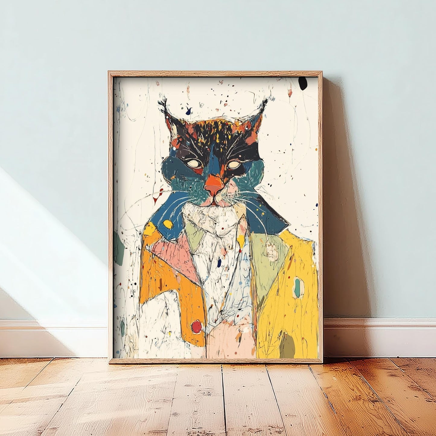 Feral Floral Cat Art Print - Suited Cat in Yellow Jacket Poster - Bold Colourful Woodcut Collage Painting Animals in Clothes Gift