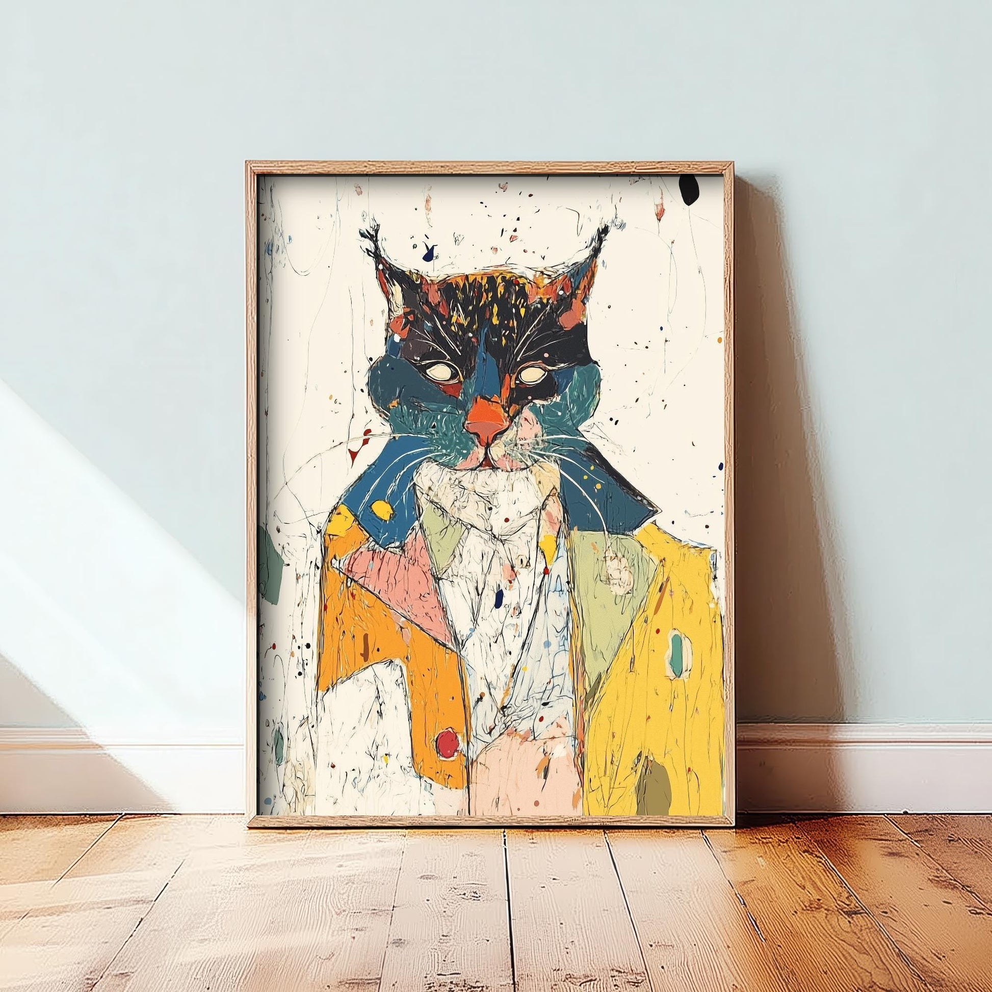 Feral Floral Cat Art Print - Suited Cat in Yellow Jacket Poster - Bold Colourful Woodcut Collage Painting Animals in Clothes Gift
