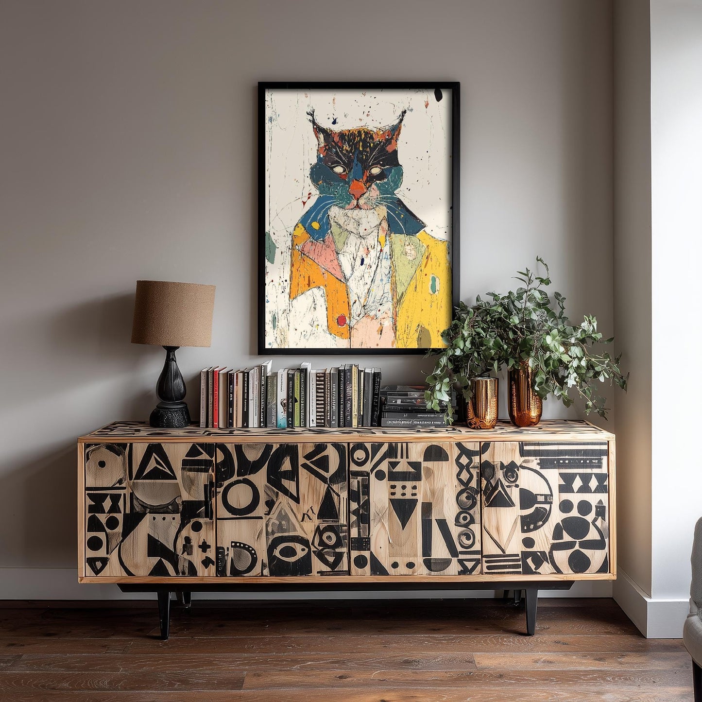 Feral Floral Cat Art Print - Suited Cat in Yellow Jacket Poster - Bold Colourful Woodcut Collage Painting Animals in Clothes Gift