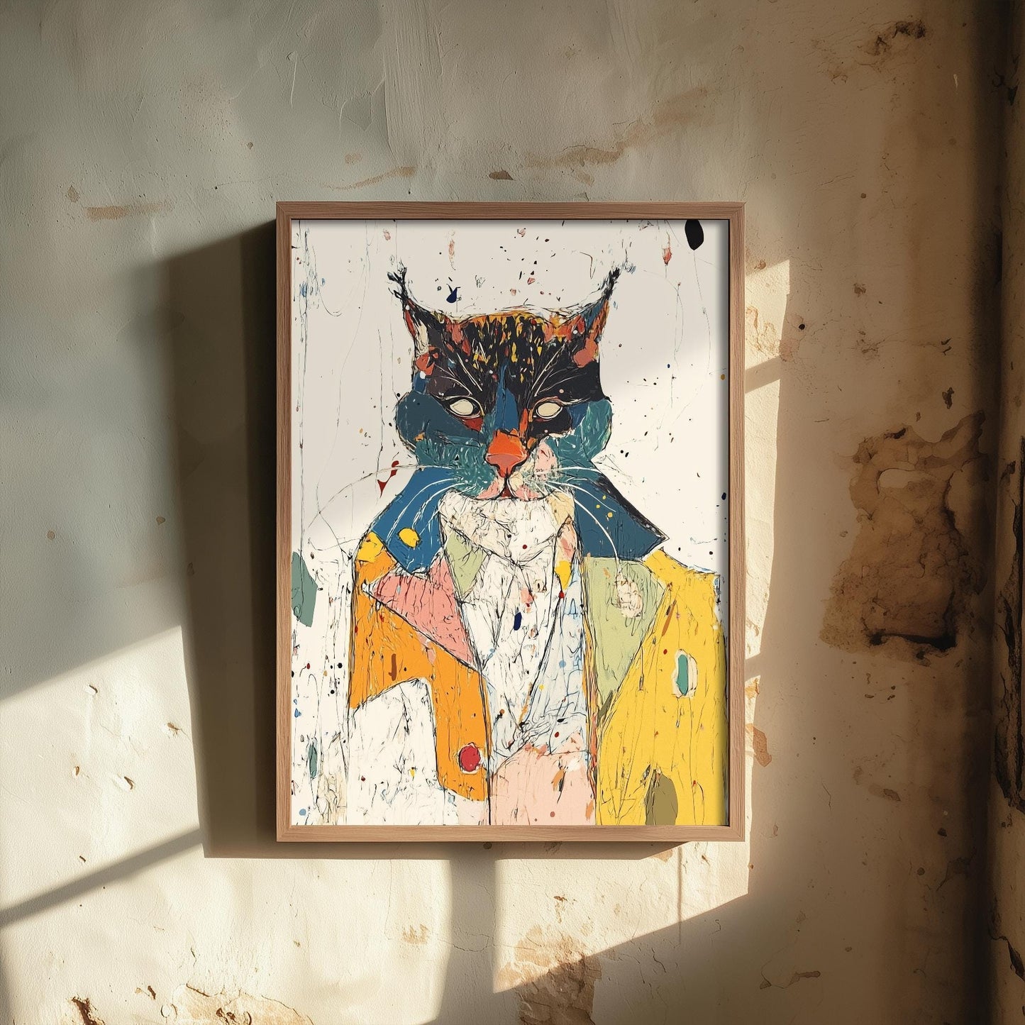 Feral Floral Cat Art Print - Suited Cat in Yellow Jacket Poster - Bold Colourful Woodcut Collage Painting Animals in Clothes Gift