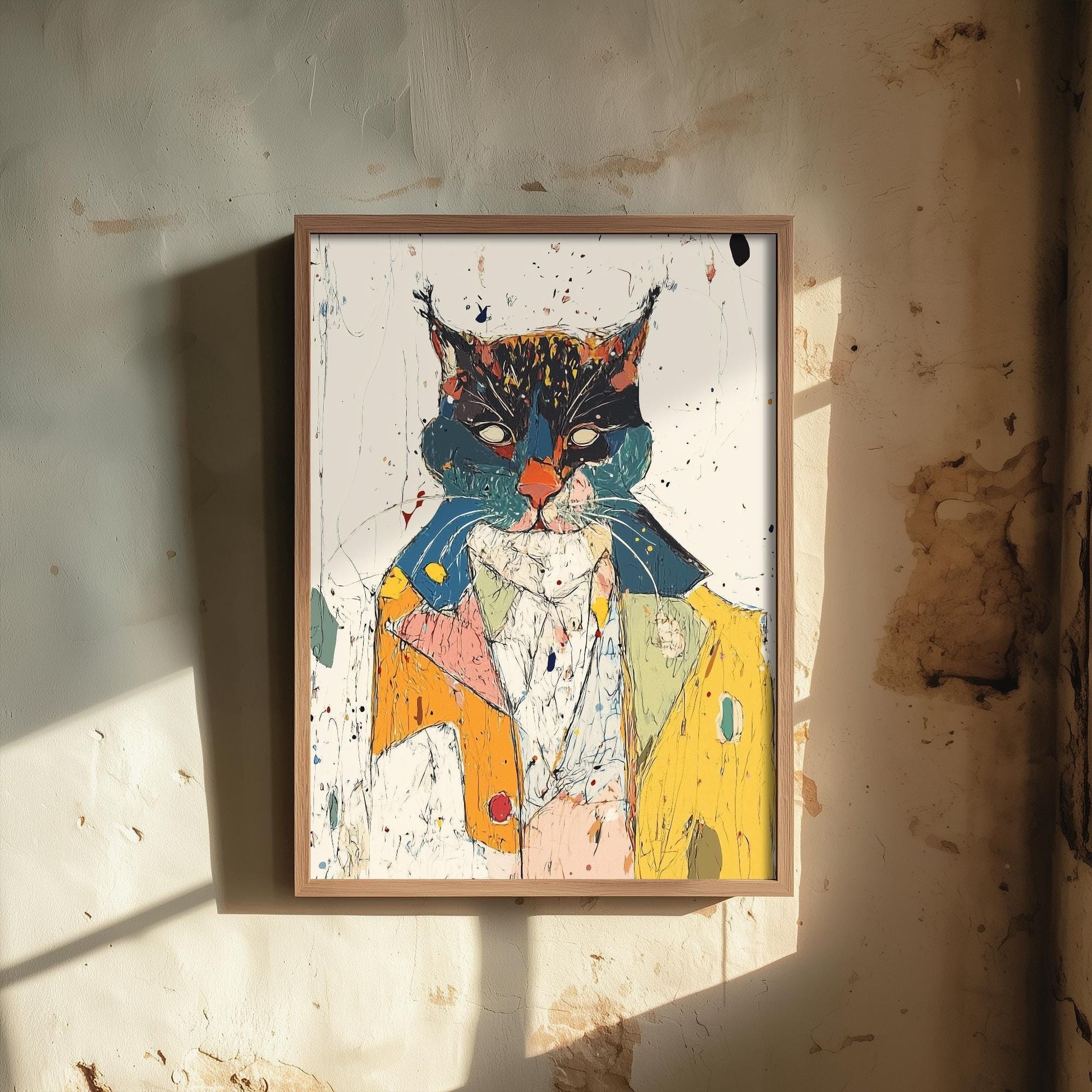 Feral Floral Cat Art Print - Suited Cat in Yellow Jacket Poster - Bold Colourful Woodcut Collage Painting Animals in Clothes Gift