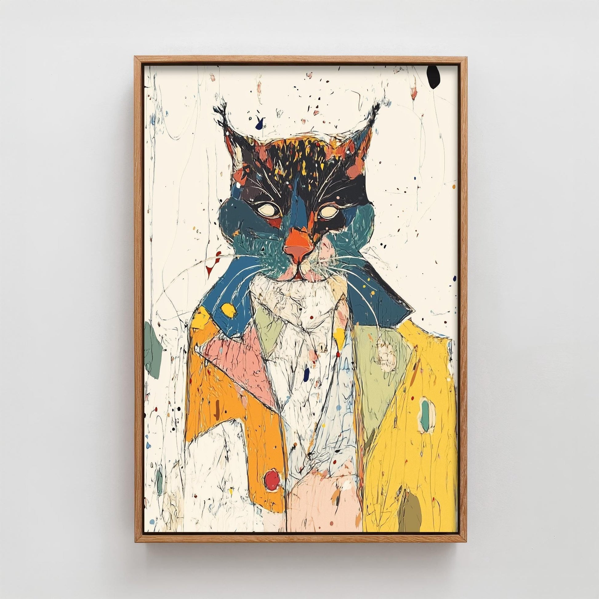 Feral Floral Cat Art Print - Suited Cat in Yellow Jacket Poster - Bold Colourful Woodcut Collage Painting Animals in Clothes Gift