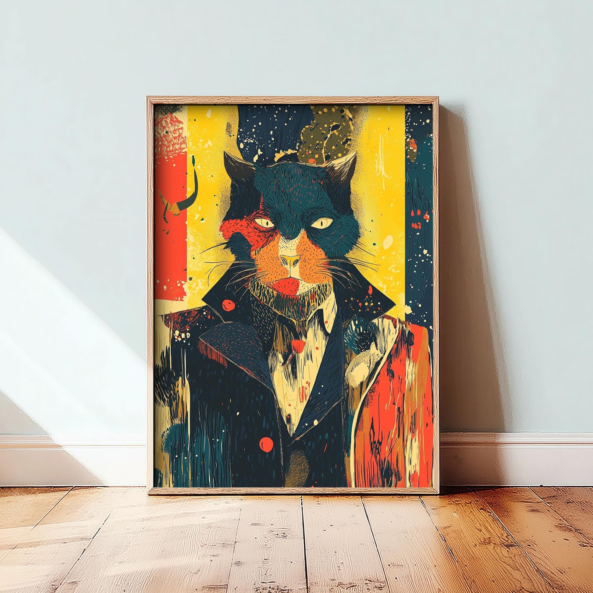 Feral Floral Cat Art Print V1 - Teal Cat Yellow Background Poster - Bold Colourful Woodcut Collage Painting Animals in Clothes Gift 3/3