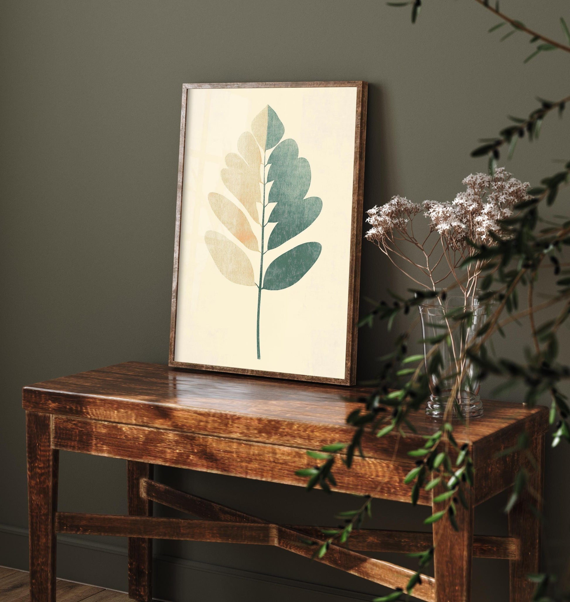 Leaf Love Art Print V2 | Bold Gold Teal Coral Leaf Botanical Poster | Japandi Nature Painting Neutral Decor 2/3