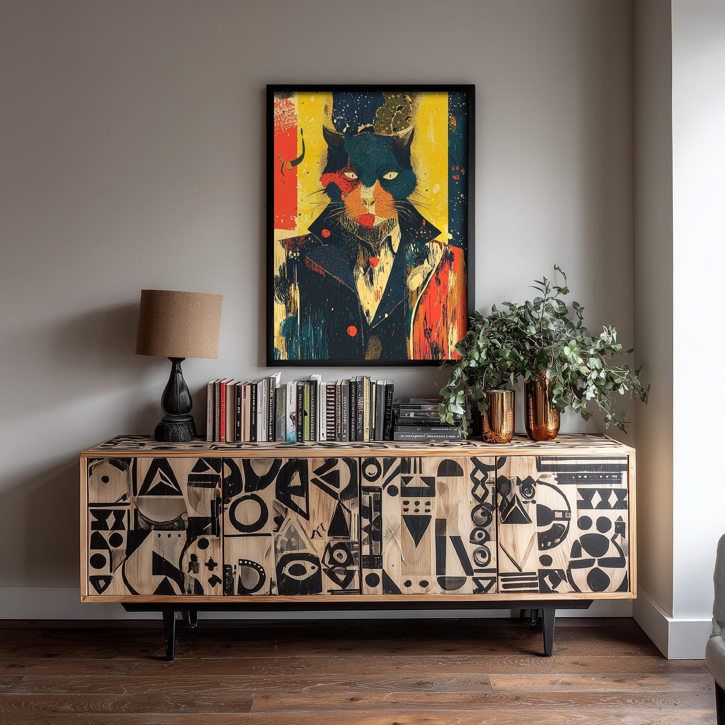 Feral Floral Cat Art Print V1 - Teal Cat Yellow Background Poster - Bold Colourful Woodcut Collage Painting Animals in Clothes Gift 3/3