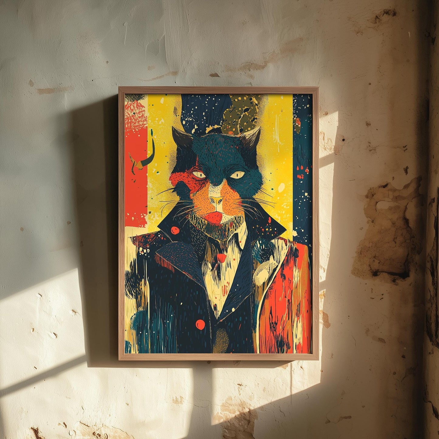 Feral Floral Cat Art Print V1 - Teal Cat Yellow Background Poster - Bold Colourful Woodcut Collage Painting Animals in Clothes Gift 3/3