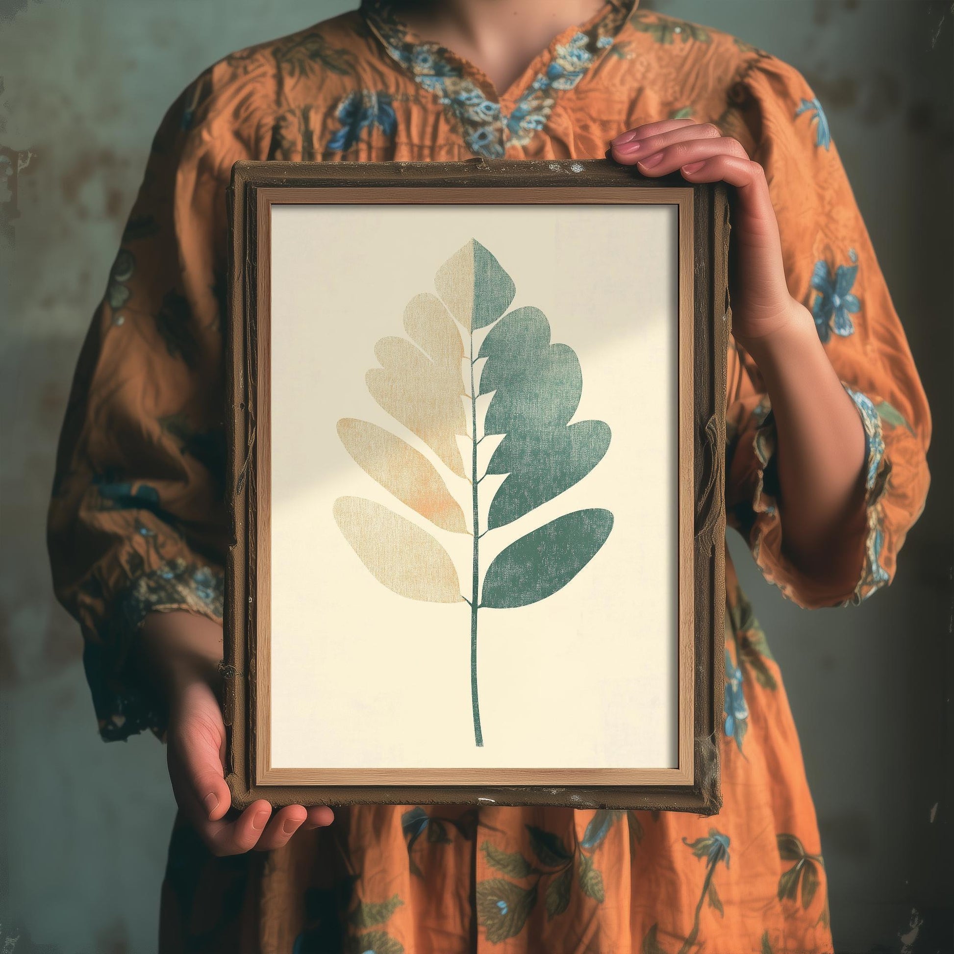 Leaf Love Art Print V2 | Bold Gold Teal Coral Leaf Botanical Poster | Japandi Nature Painting Neutral Decor 2/3