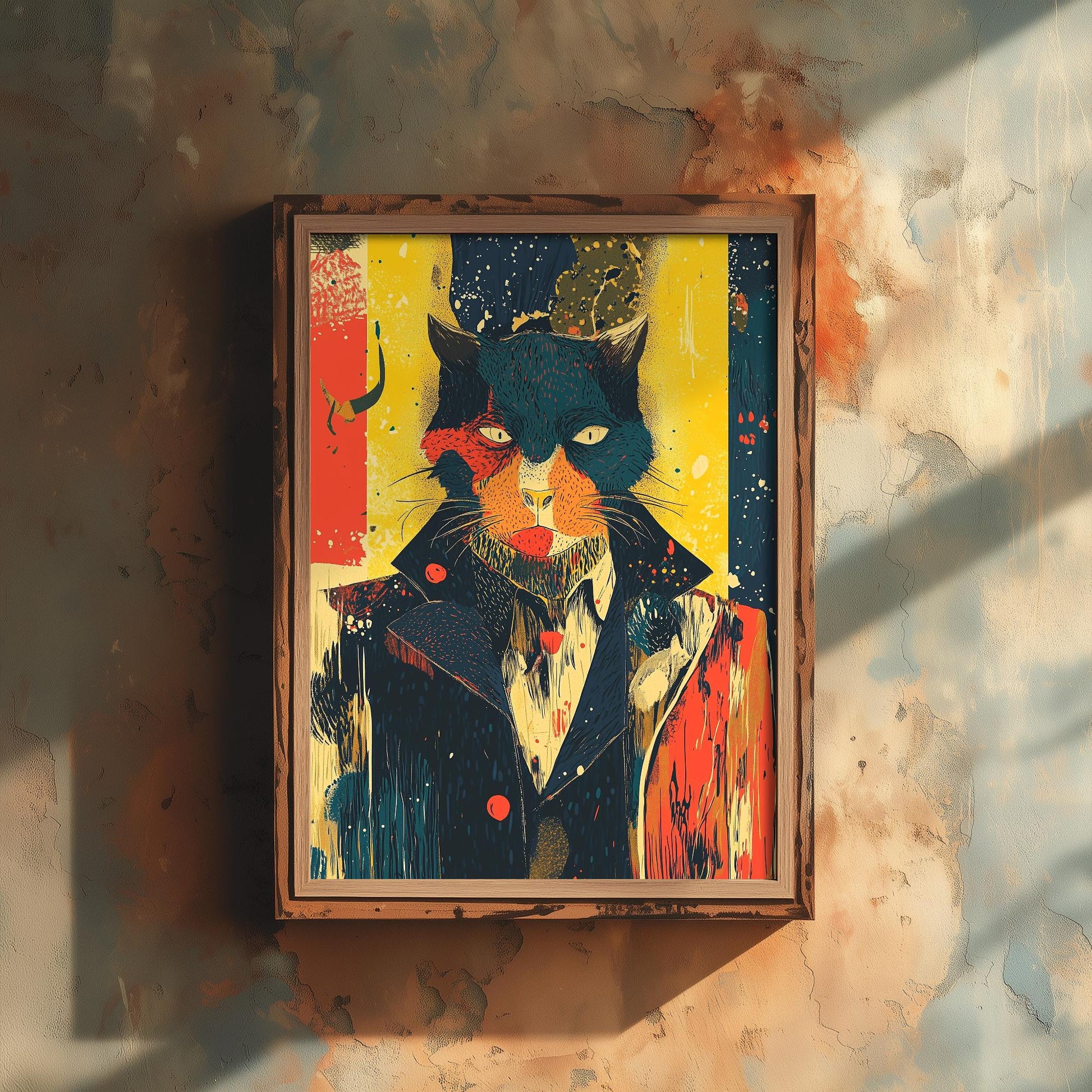 Feral Floral Cat Art Print V1 - Teal Cat Yellow Background Poster - Bold Colourful Woodcut Collage Painting Animals in Clothes Gift 3/3