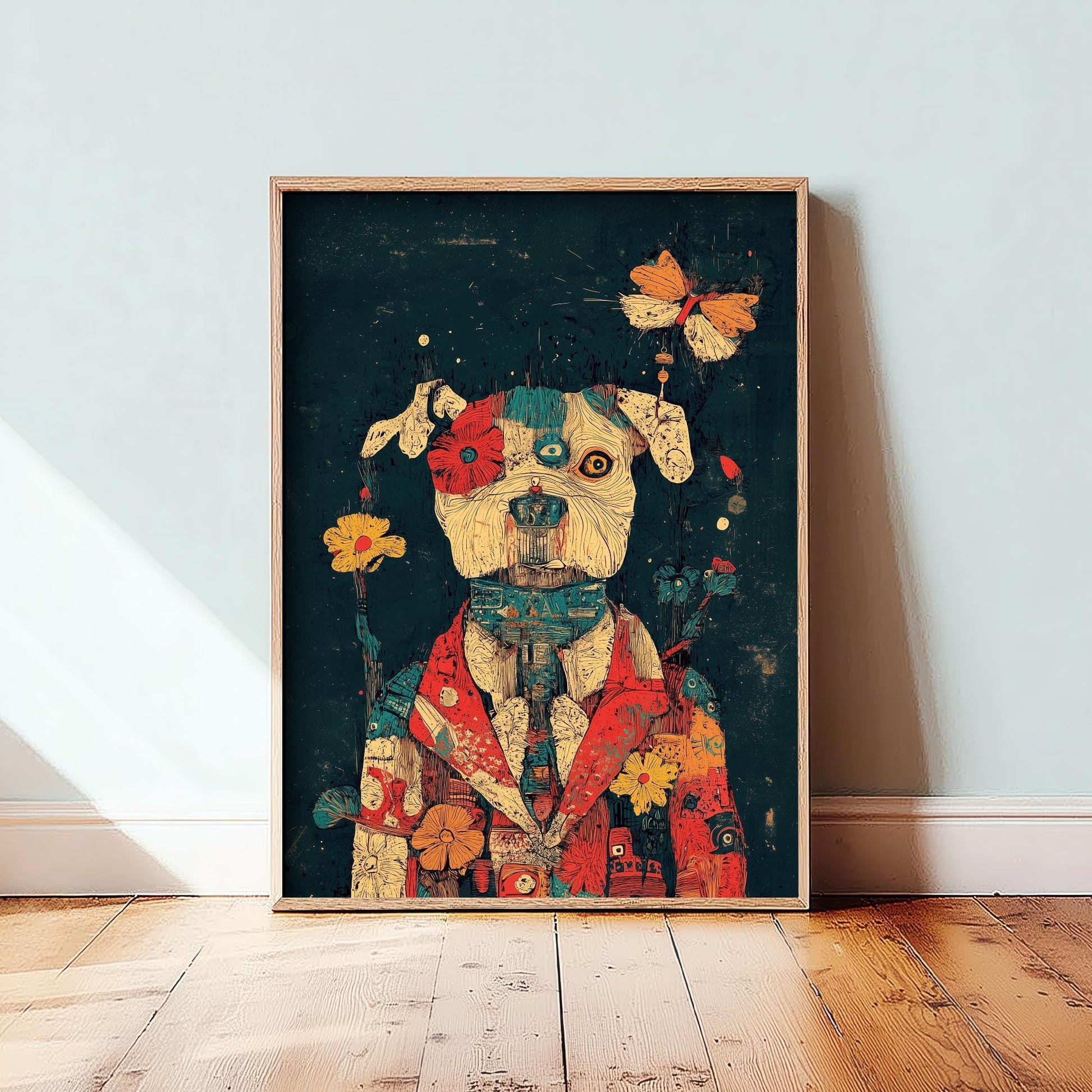 Feral Floral Dog Art Print - Floral Coat Butterfly Dog Poster - Bold Colourful Woodcut Collage Painting Animals in Clothes Gift