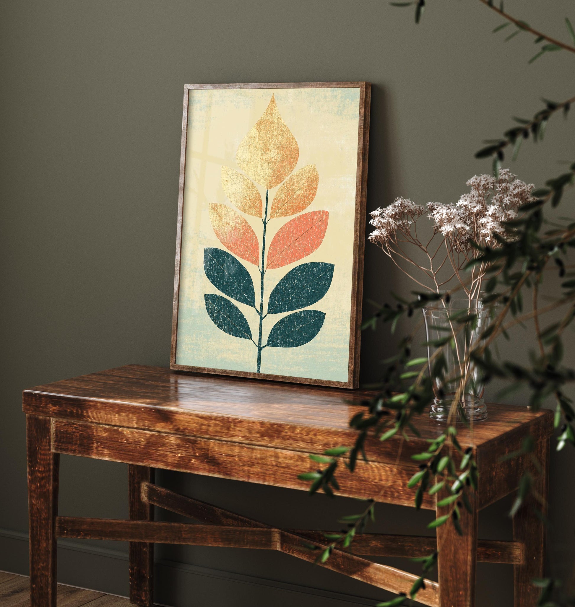 Leaf Love Art Print V1 | Cream Teal Two-Tone Leaf Botanical Poster | Japandi Nature Painting Neutral Decor 2/3