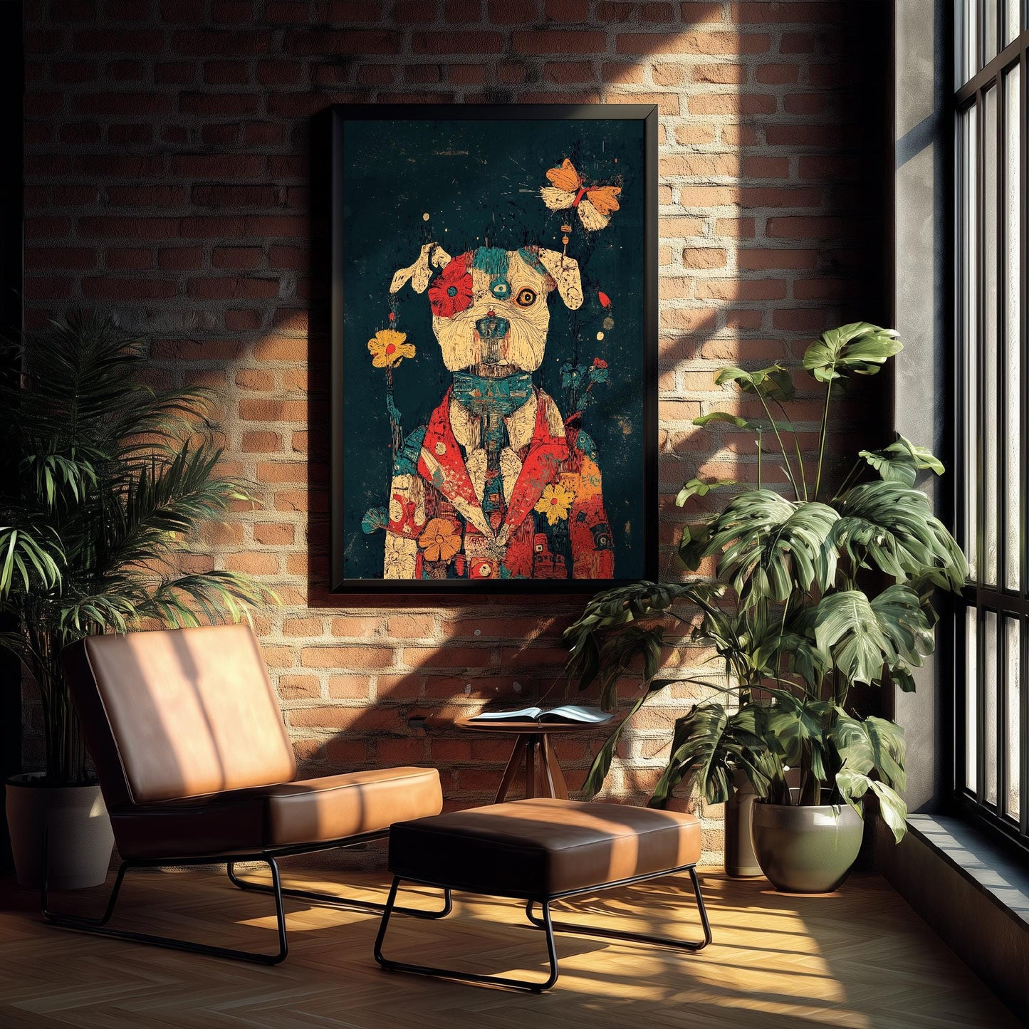 Feral Floral Dog Art Print - Floral Coat Butterfly Dog Poster - Bold Colourful Woodcut Collage Painting Animals in Clothes Gift