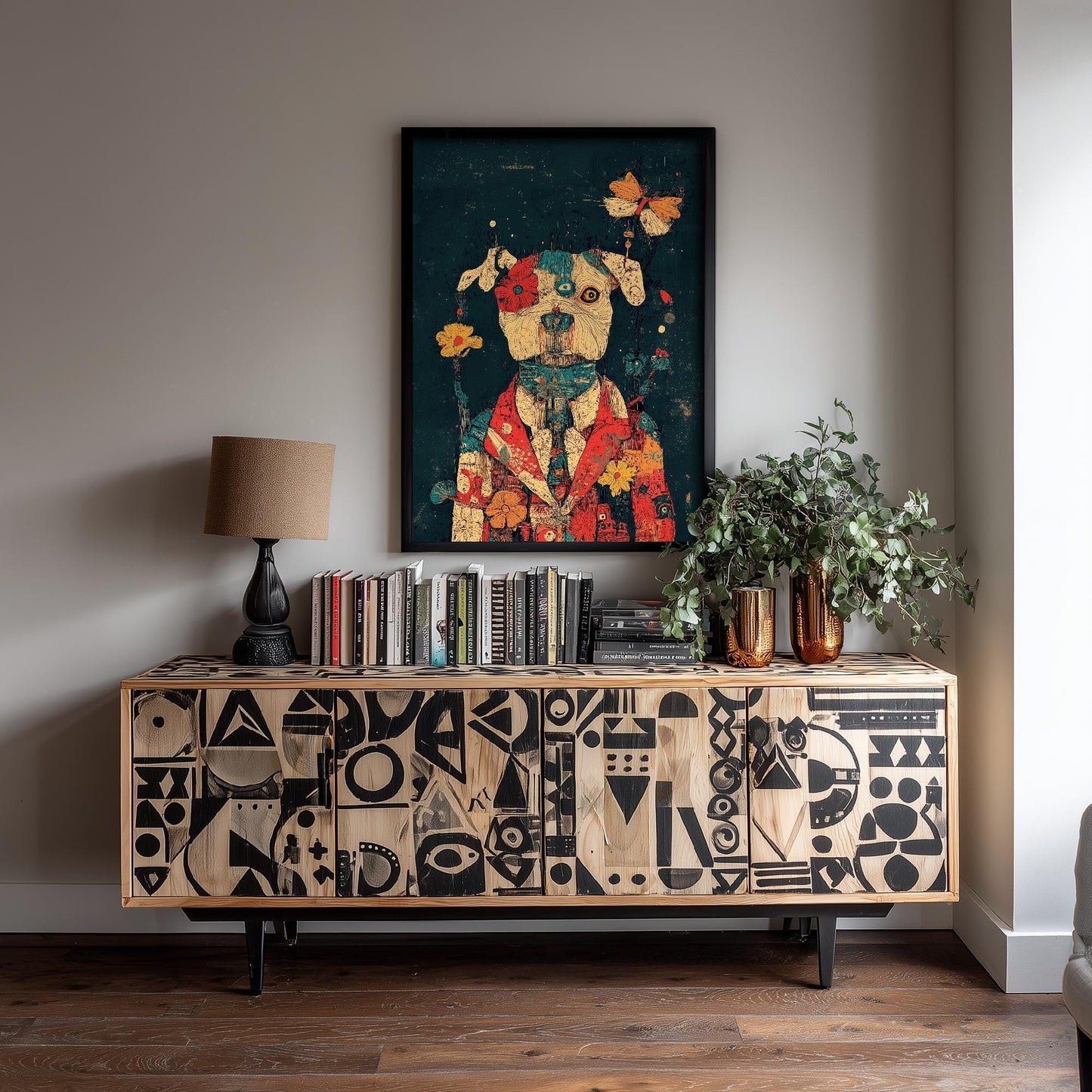 Feral Floral Dog Art Print - Floral Coat Butterfly Dog Poster - Bold Colourful Woodcut Collage Painting Animals in Clothes Gift