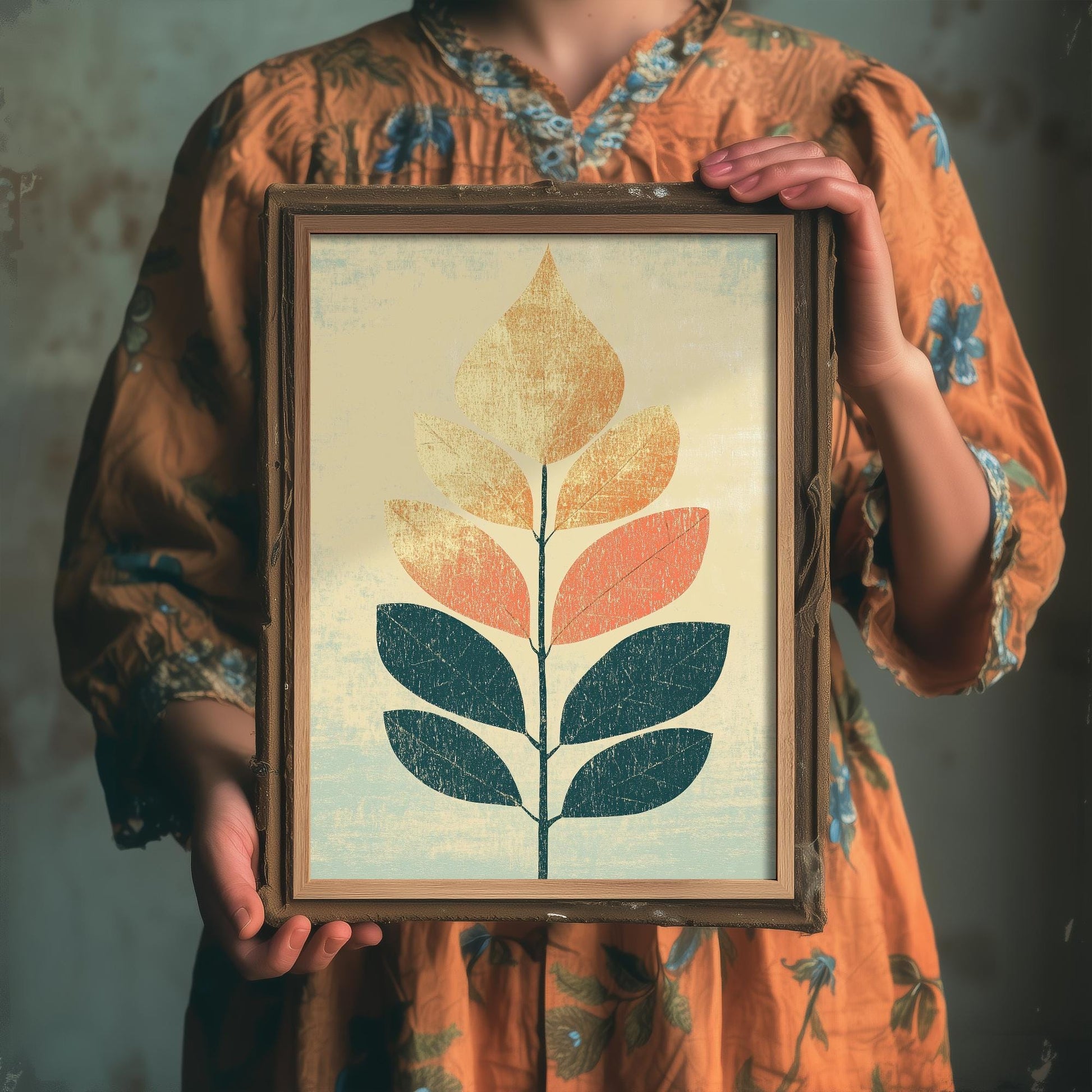 Leaf Love Art Print V1 | Cream Teal Two-Tone Leaf Botanical Poster | Japandi Nature Painting Neutral Decor 2/3