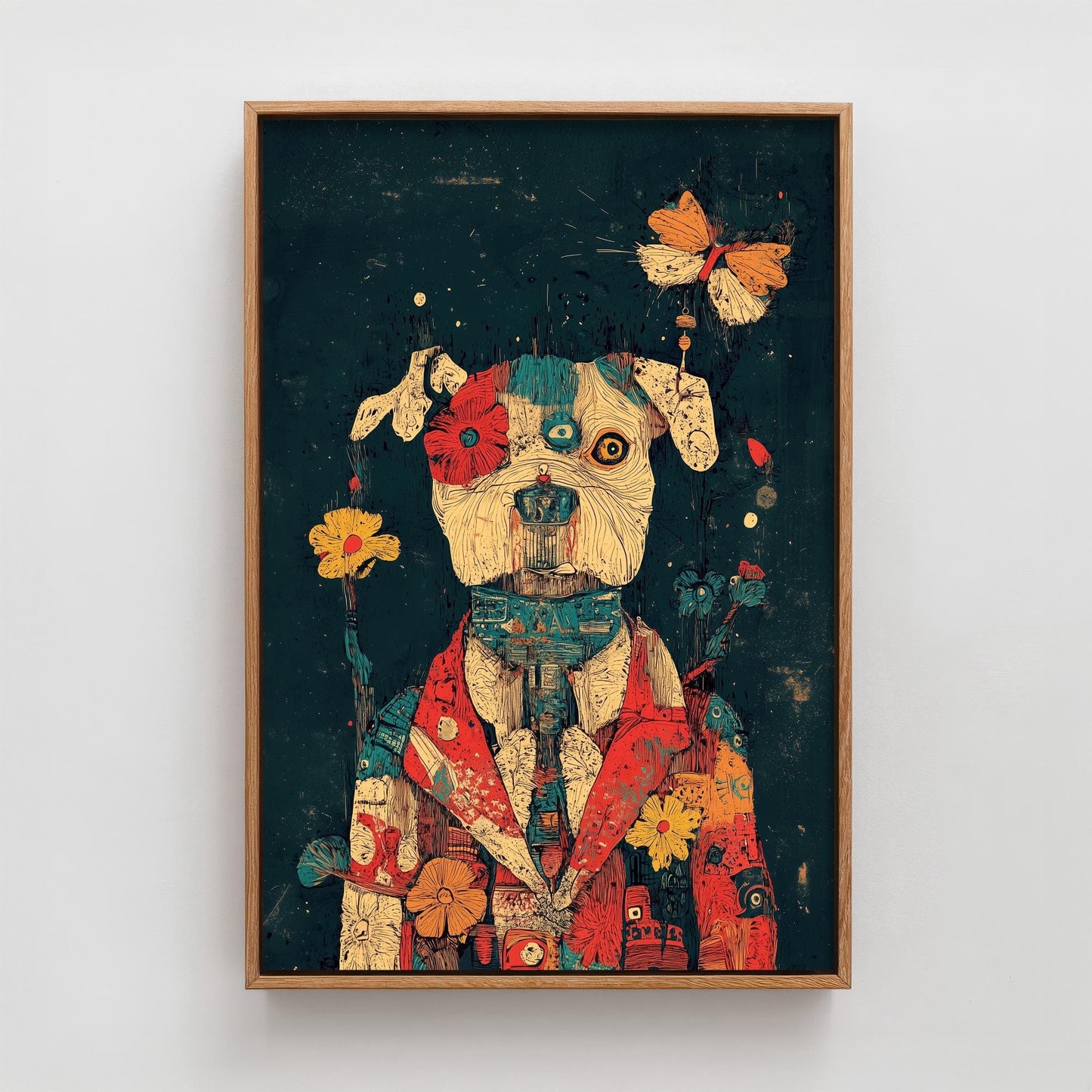 Feral Floral Dog Art Print - Floral Coat Butterfly Dog Poster - Bold Colourful Woodcut Collage Painting Animals in Clothes Gift