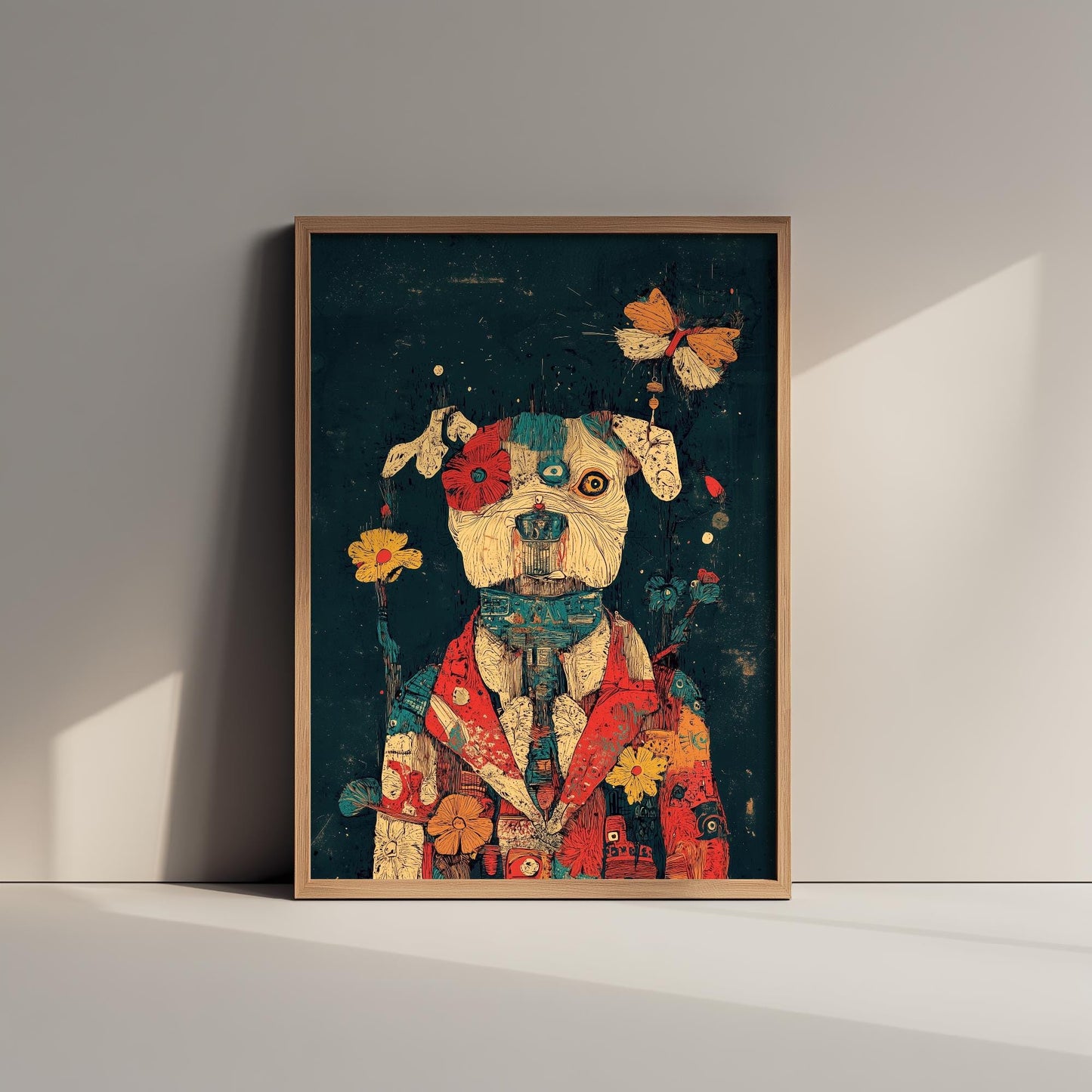 Feral Floral Dog Art Print - Floral Coat Butterfly Dog Poster - Bold Colourful Woodcut Collage Painting Animals in Clothes Gift