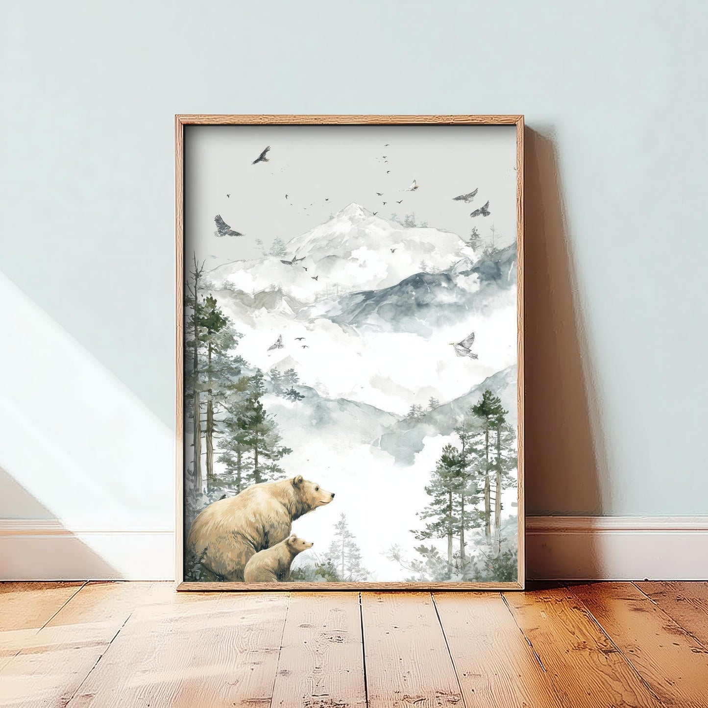 Bear and Bear Cub Snowy Art Print - White Mountain Animals Poster - Matterhorn Painting Illustration Gift