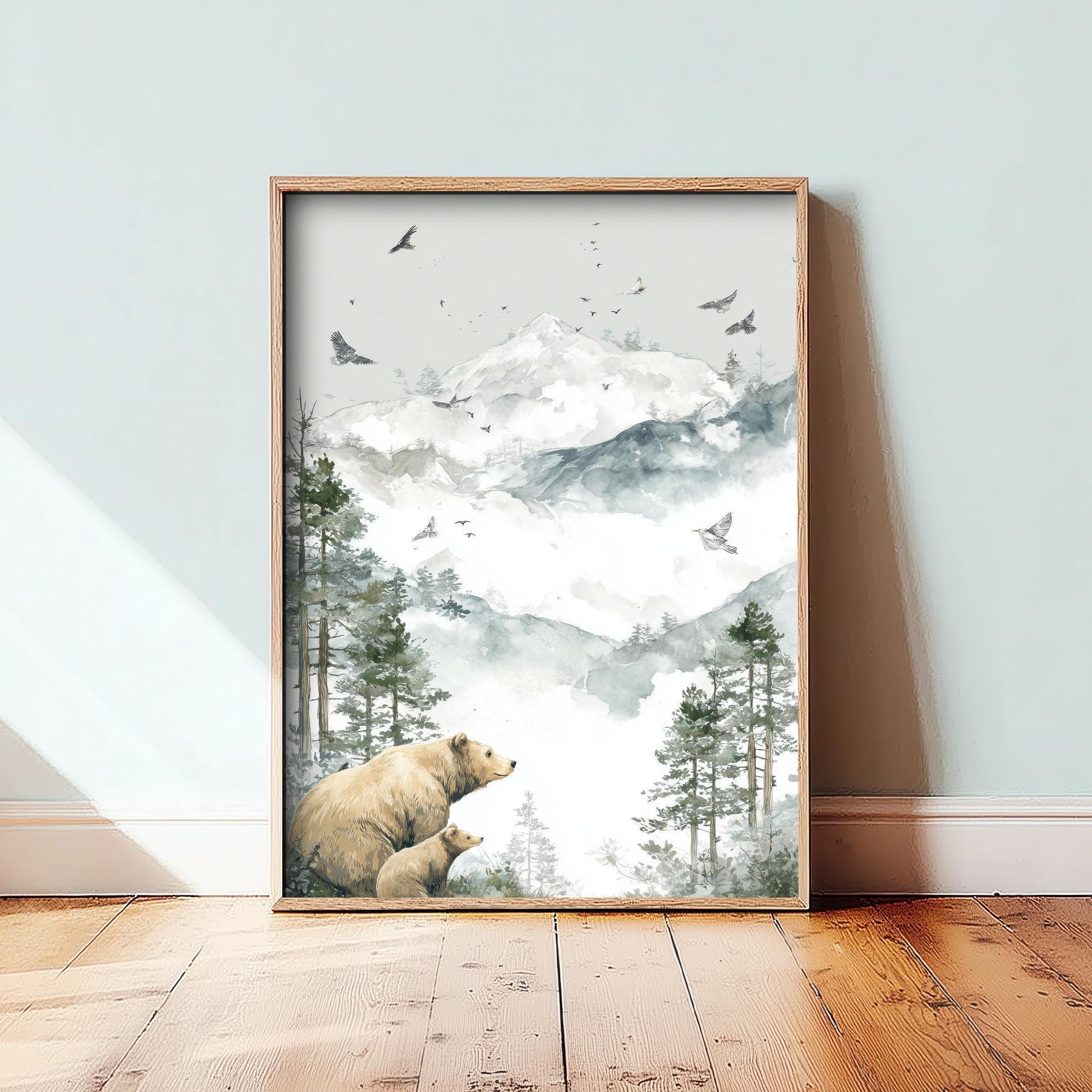 Bear and Bear Cub Snowy Art Print - White Mountain Animals Poster - Matterhorn Painting Illustration Gift