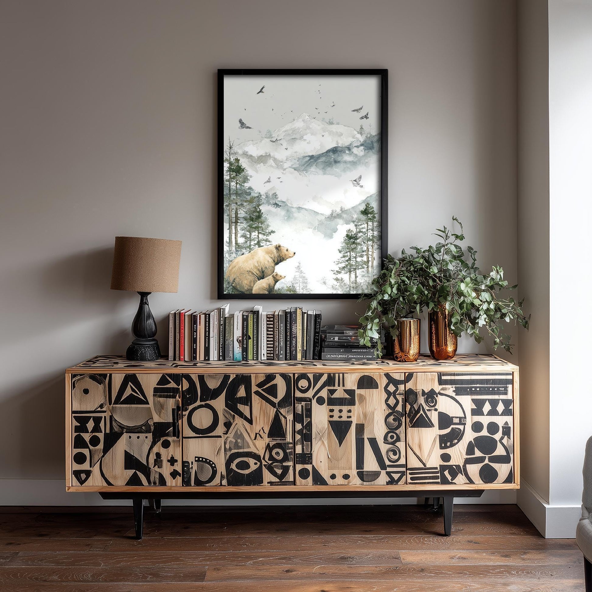 Bear and Bear Cub Snowy Art Print - White Mountain Animals Poster - Matterhorn Painting Illustration Gift